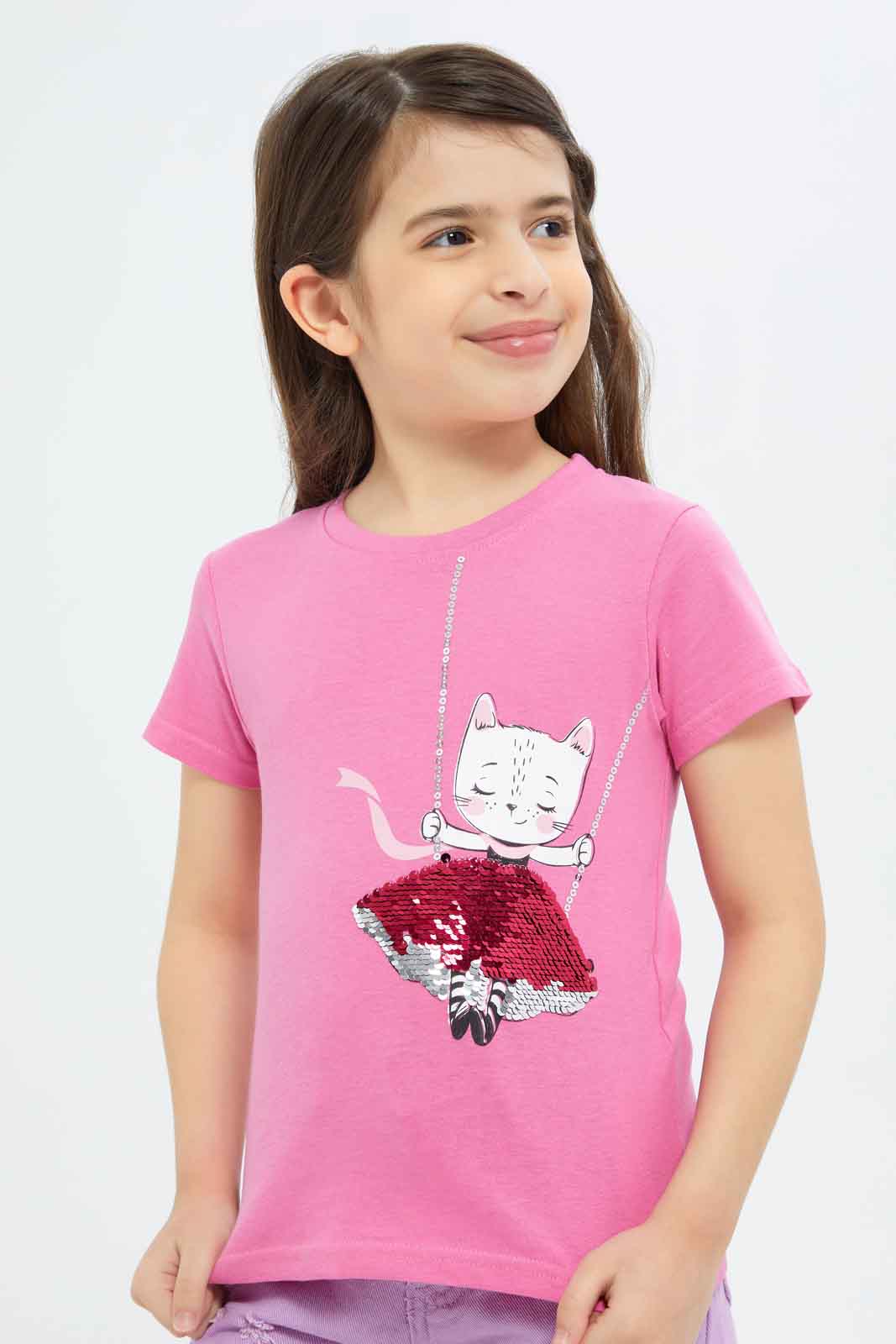 Redtag-Girls-Fuschia-Sequence-Tee-Category:T-Shirts,-Colour:Fuchsia,-Deals:New-In,-Dept:Girls,-Filter:Girls-(2-to-8-Yrs),-GIR-T-Shirts,-New-In-GIR-APL,-Non-Sale,-S23B,-Section:Girls-(0-to-14Yrs),-TBL-Girls-2 to 8 Years