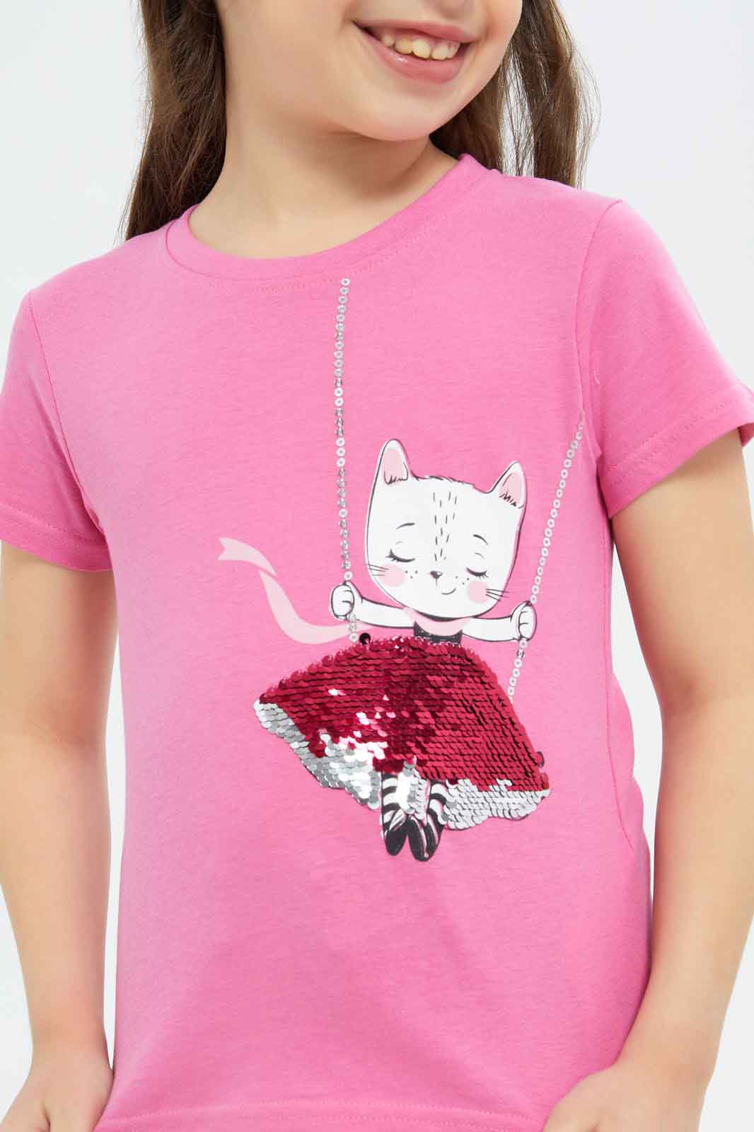 Redtag-Girls-Fuschia-Sequence-Tee-Category:T-Shirts,-Colour:Fuchsia,-Deals:New-In,-Dept:Girls,-Filter:Girls-(2-to-8-Yrs),-GIR-T-Shirts,-New-In-GIR-APL,-Non-Sale,-S23B,-Section:Girls-(0-to-14Yrs),-TBL-Girls-2 to 8 Years