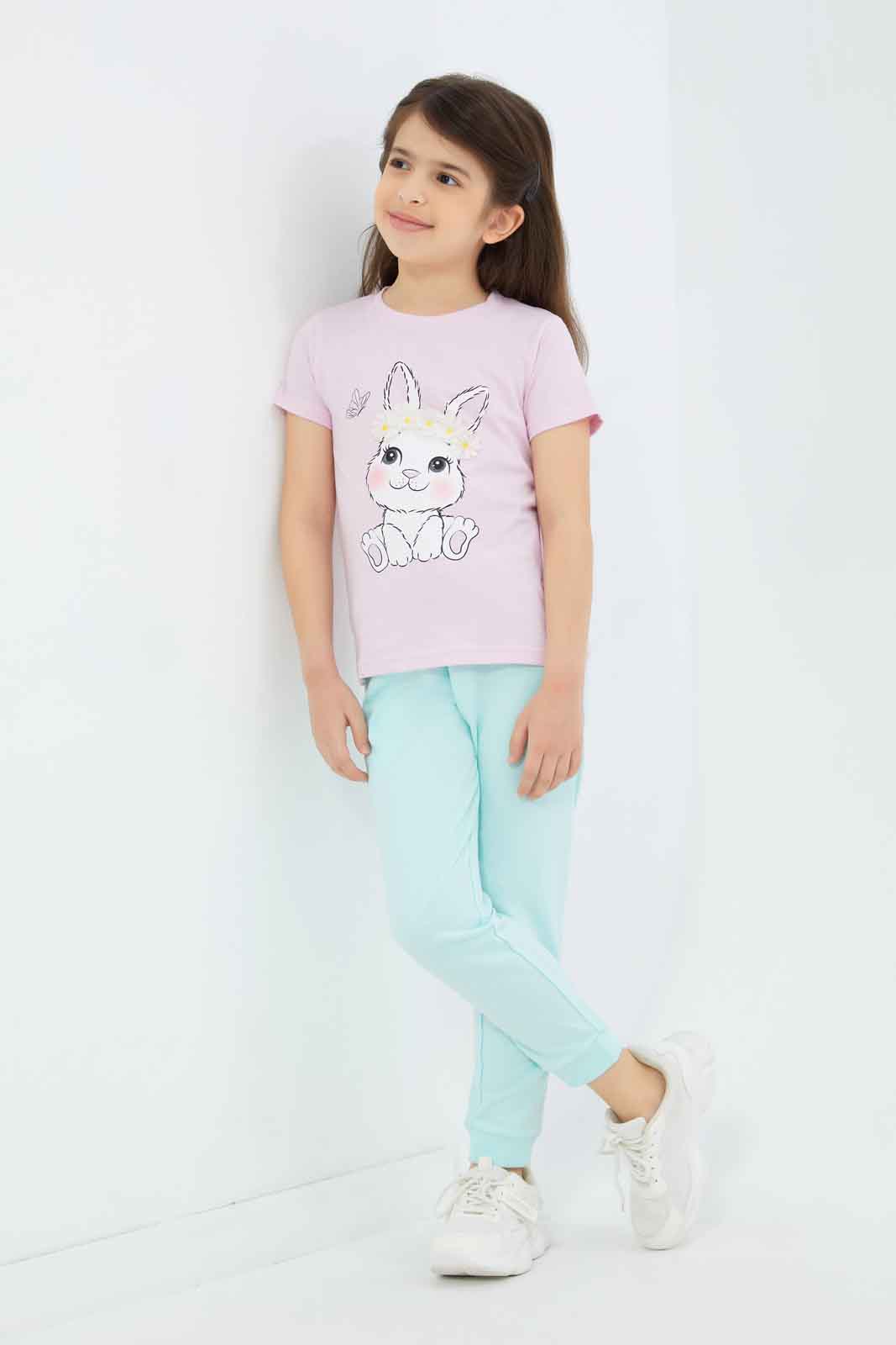 Redtag-Girls-Pink-Bunny-Tee-Category:T-Shirts,-Colour:Apricot,-Deals:New-In,-Dept:Girls,-Filter:Girls-(2-to-8-Yrs),-GIR-T-Shirts,-New-In-GIR-APL,-Non-Sale,-S23B,-Section:Girls-(0-to-14Yrs),-TBL-Girls-2 to 8 Years