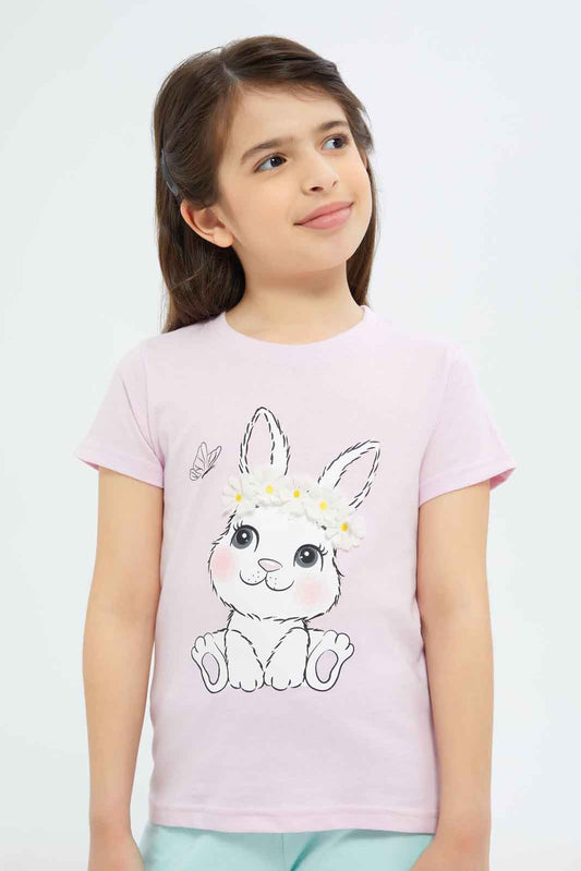 Redtag-Girls-Pink-Bunny-Tee-Category:T-Shirts,-Colour:Apricot,-Deals:New-In,-Dept:Girls,-Filter:Girls-(2-to-8-Yrs),-GIR-T-Shirts,-New-In-GIR-APL,-Non-Sale,-S23B,-Section:Girls-(0-to-14Yrs),-TBL-Girls-2 to 8 Years