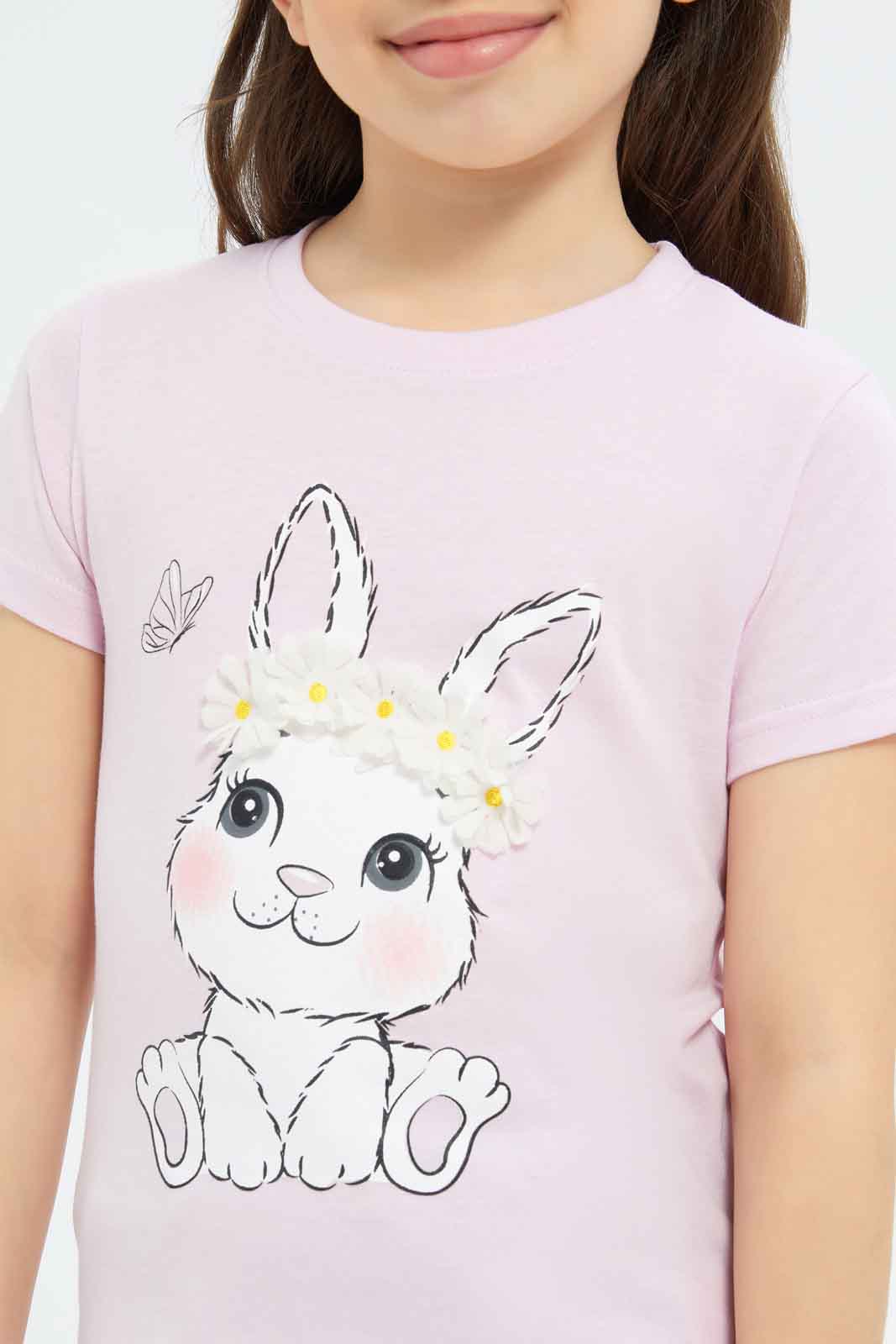 Redtag-Girls-Pink-Bunny-Tee-Category:T-Shirts,-Colour:Apricot,-Deals:New-In,-Dept:Girls,-Filter:Girls-(2-to-8-Yrs),-GIR-T-Shirts,-New-In-GIR-APL,-Non-Sale,-S23B,-Section:Girls-(0-to-14Yrs),-TBL-Girls-2 to 8 Years