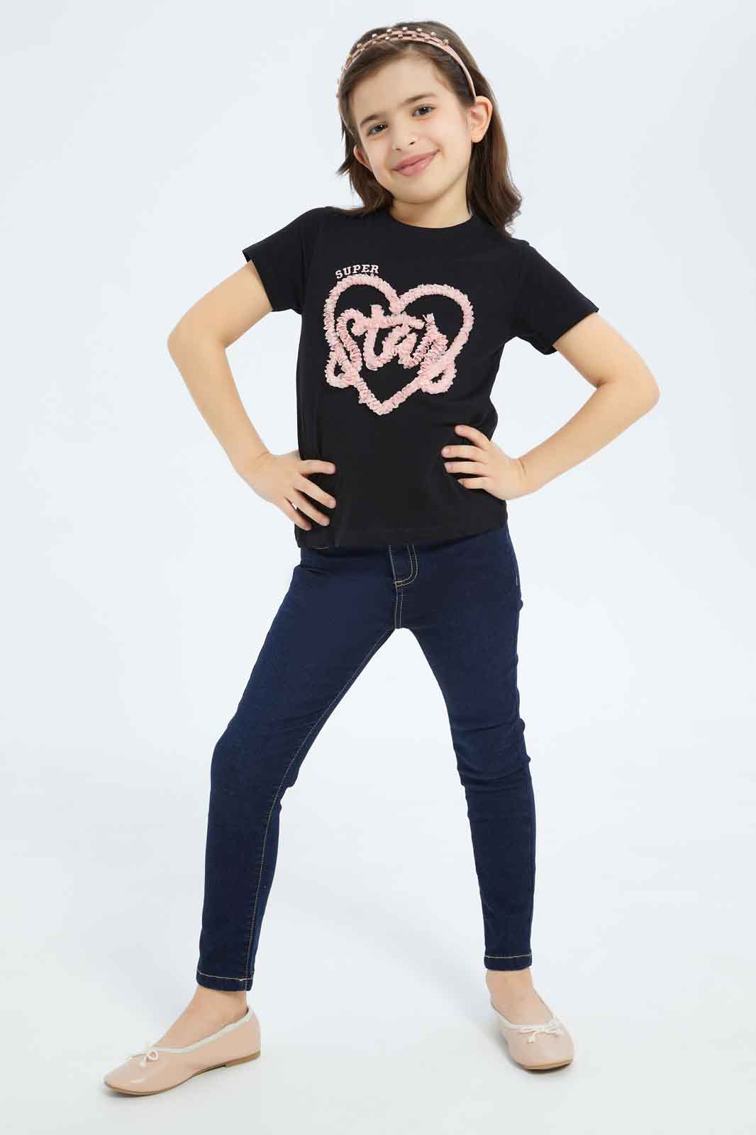 Redtag-Girls-Black-Star-3D-Applique-Category:T-Shirts,-Colour:Lilac,-Deals:New-In,-Dept:Girls,-Filter:Girls-(2-to-8-Yrs),-GIR-T-Shirts,-New-In-GIR-APL,-Non-Sale,-S23B,-Section:Girls-(0-to-14Yrs),-TBL-Girls-2 to 8 Years