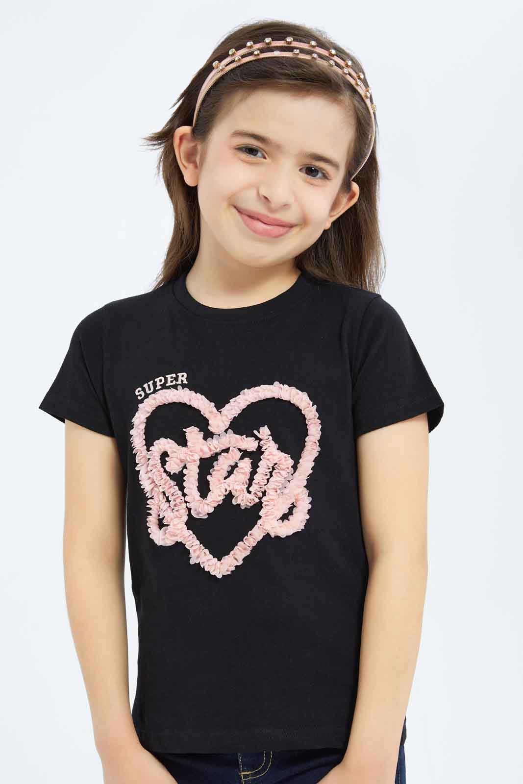 Redtag-Girls-Black-Star-3D-Applique-Category:T-Shirts,-Colour:Lilac,-Deals:New-In,-Dept:Girls,-Filter:Girls-(2-to-8-Yrs),-GIR-T-Shirts,-New-In-GIR-APL,-Non-Sale,-S23B,-Section:Girls-(0-to-14Yrs),-TBL-Girls-2 to 8 Years