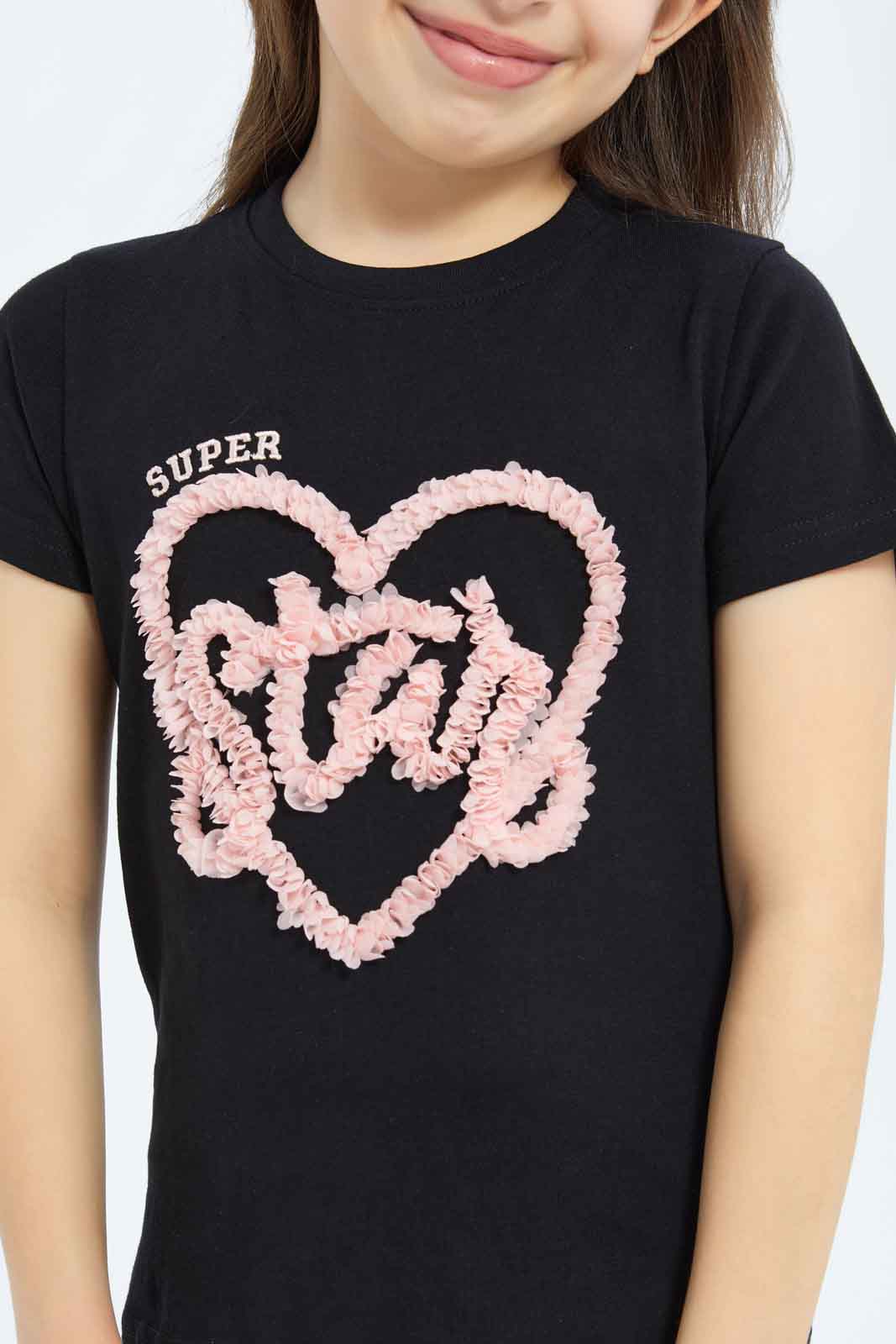 Redtag-Girls-Black-Star-3D-Applique-Category:T-Shirts,-Colour:Lilac,-Deals:New-In,-Dept:Girls,-Filter:Girls-(2-to-8-Yrs),-GIR-T-Shirts,-New-In-GIR-APL,-Non-Sale,-S23B,-Section:Girls-(0-to-14Yrs),-TBL-Girls-2 to 8 Years