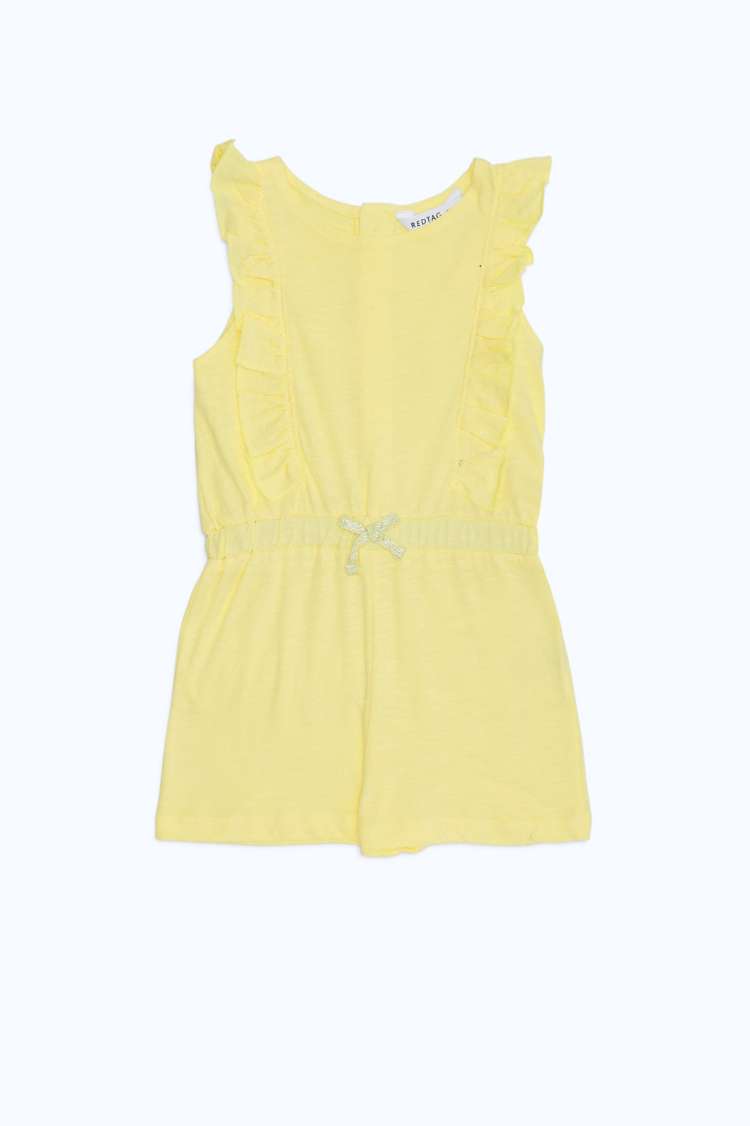 Redtag-Girls-Yellow-Solid-Slub-Jumpsuit-Category:Jumpsuits,-Colour:Yellow,-Deals:New-In,-Dept:Girls,-Filter:Infant-Girls-(3-to-24-Mths),-H1:KWR,-H2:ING,-H3:SET,-H4:JMS,-ING-Jumpsuits,-New-In-ING-APL,-Non-Sale,-S23C,-Season:S23C,-Section:Girls-(0-to-14Yrs)-Infant-Girls-3 to 24 Months