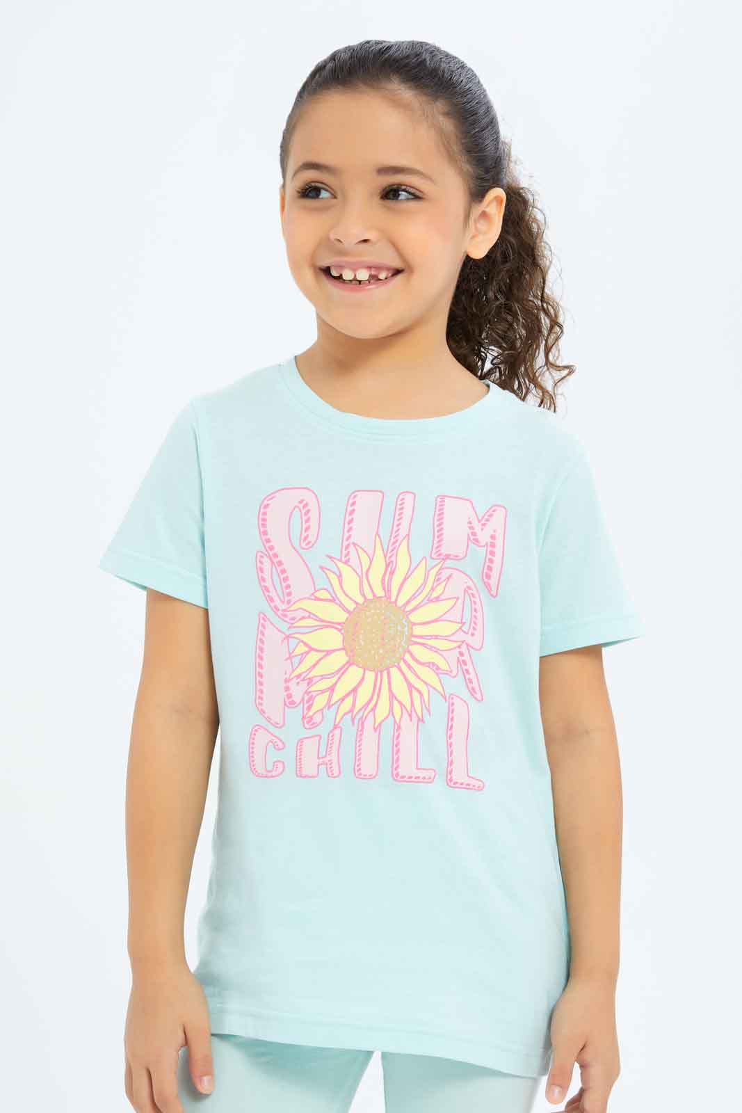 Redtag-Girls-Mint-Summer-Puff-Print-Tee-Category:T-Shirts,-Colour:Mint,-Deals:New-In,-Filter:Girls-(2-to-8-Yrs),-GIR-T-Shirts,-New-In-GIR-APL,-Non-Sale,-S23B,-Section:Girls-(0-to-14Yrs),-TBL-Girls-2 to 8 Years