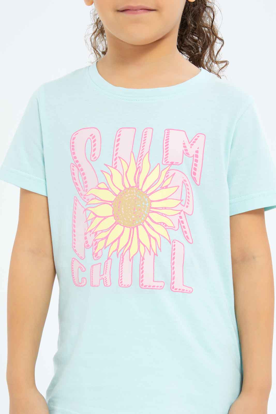 Redtag-Girls-Mint-Summer-Puff-Print-Tee-Category:T-Shirts,-Colour:Mint,-Deals:New-In,-Filter:Girls-(2-to-8-Yrs),-GIR-T-Shirts,-New-In-GIR-APL,-Non-Sale,-S23B,-Section:Girls-(0-to-14Yrs),-TBL-Girls-2 to 8 Years