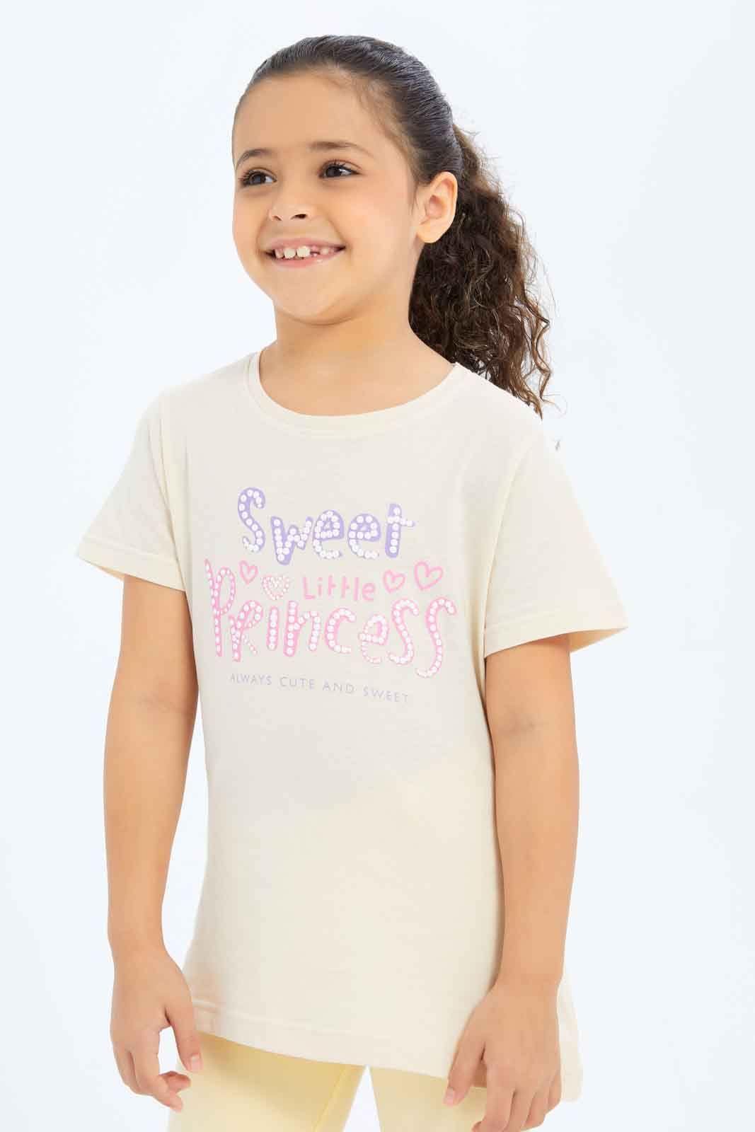 Redtag-Girls-Beige-Princess-Puff-Print-Tee-Category:T-Shirts,-CHA,-Colour:Beige,-Deals:New-In,-Filter:Girls-(2-to-8-Yrs),-GIR-T-Shirts,-New-In-GIR-APL,-Non-Sale,-S23B,-Section:Girls-(0-to-14Yrs),-TBL-Girls-2 to 8 Years