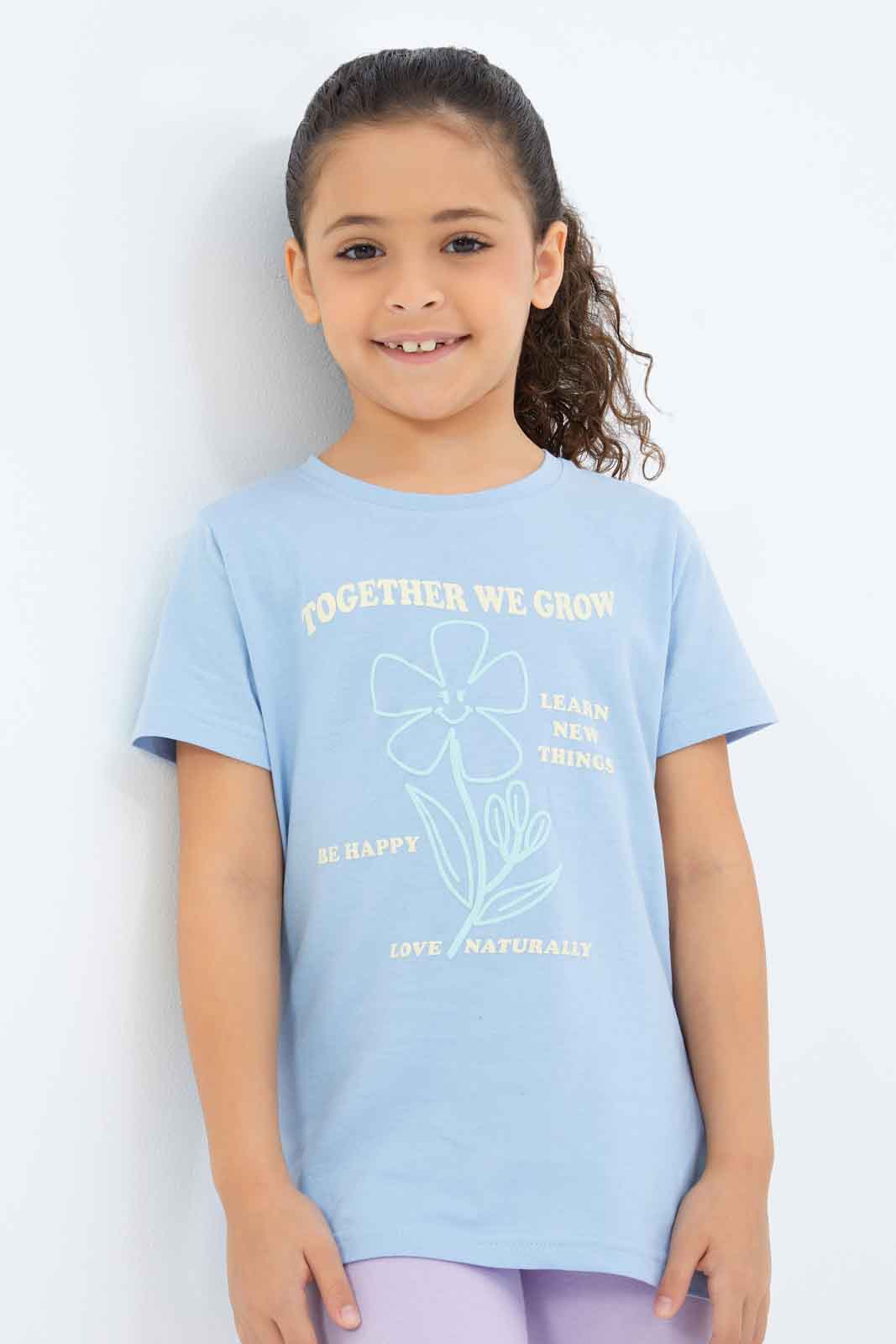 Redtag-Girls-Blue-Flower-Puff-Print-Tee-Category:T-Shirts,-Colour:Blue,-Deals:New-In,-Filter:Girls-(2-to-8-Yrs),-GIR-T-Shirts,-New-In-GIR-APL,-Non-Sale,-S23B,-Section:Girls-(0-to-14Yrs),-TBL-Girls-2 to 8 Years