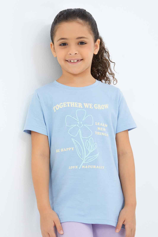 Redtag-Girls-Blue-Flower-Puff-Print-Tee-Category:T-Shirts,-Colour:Blue,-Deals:New-In,-Filter:Girls-(2-to-8-Yrs),-GIR-T-Shirts,-New-In-GIR-APL,-Non-Sale,-S23B,-Section:Girls-(0-to-14Yrs),-TBL-Girls-2 to 8 Years