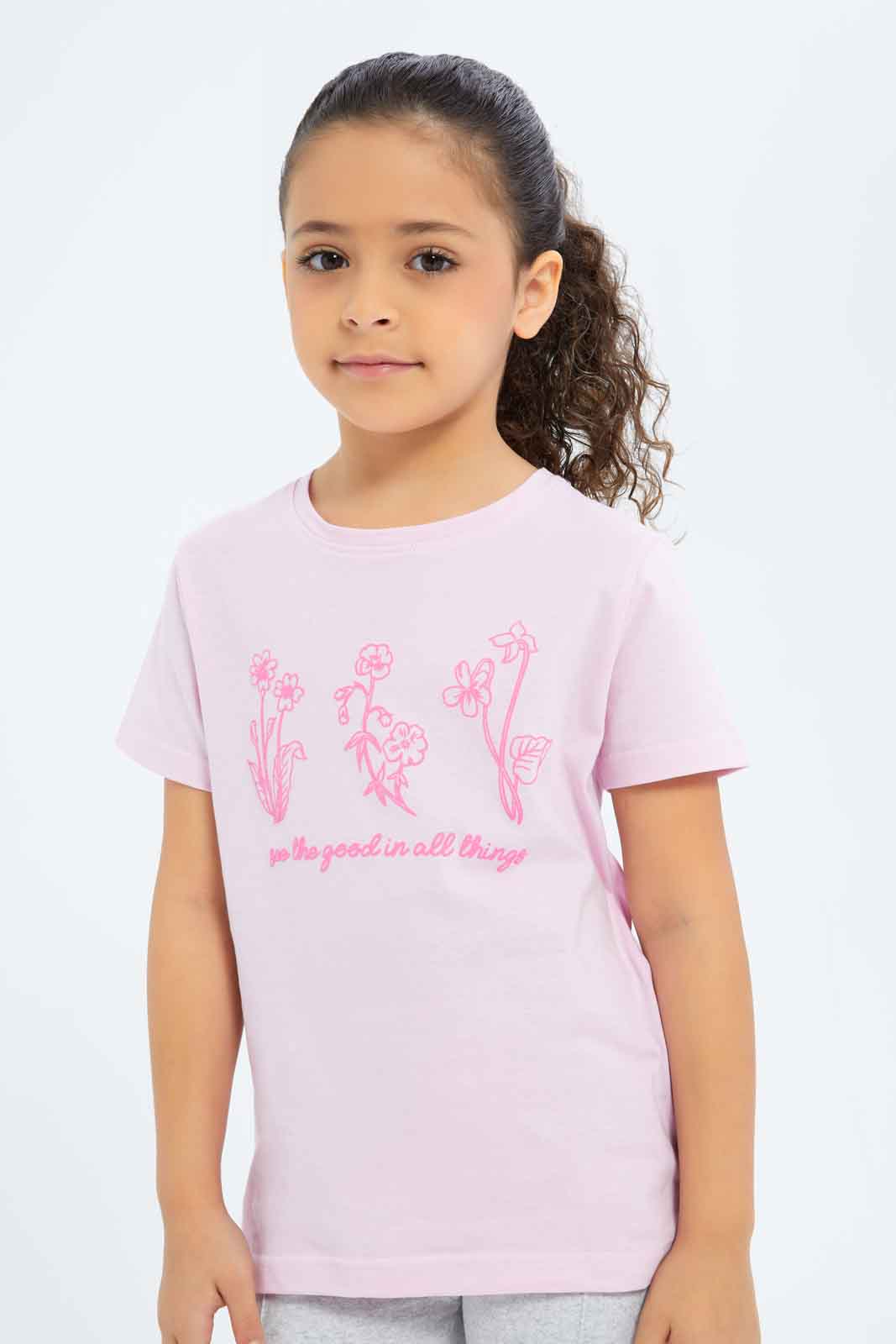 Redtag-Girls-Pink-Flower-Puff-Print-Tee-Category:T-Shirts,-Colour:Apricot,-Deals:New-In,-Filter:Girls-(2-to-8-Yrs),-GIR-T-Shirts,-New-In-GIR-APL,-Non-Sale,-S23B,-Section:Girls-(0-to-14Yrs),-TBL-Girls-2 to 8 Years