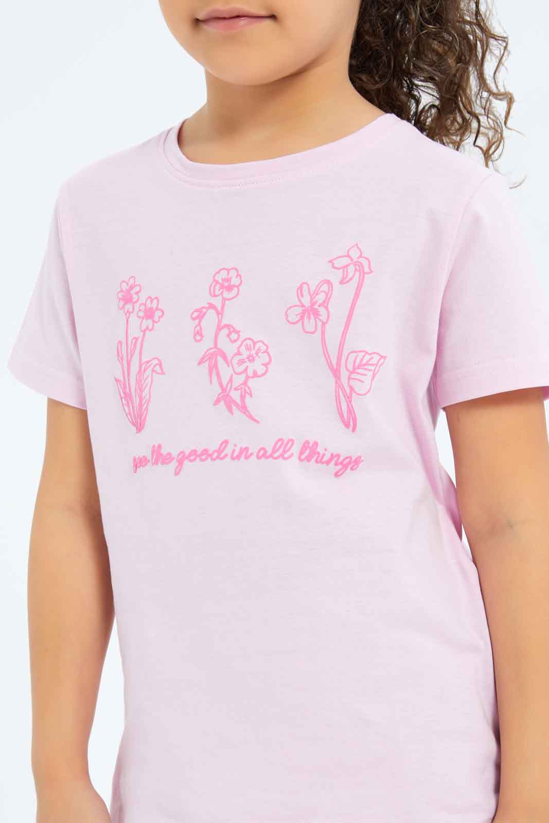 Redtag-Girls-Pink-Flower-Puff-Print-Tee-Category:T-Shirts,-Colour:Apricot,-Deals:New-In,-Filter:Girls-(2-to-8-Yrs),-GIR-T-Shirts,-New-In-GIR-APL,-Non-Sale,-S23B,-Section:Girls-(0-to-14Yrs),-TBL-Girls-2 to 8 Years