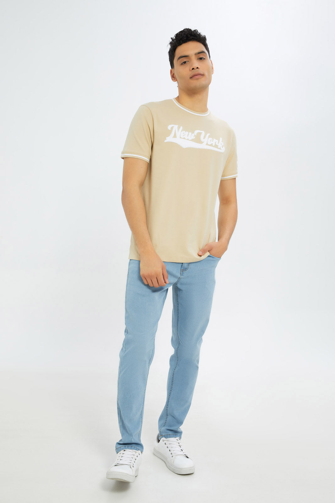 Redtag-Men-Beige-Varsity-T-Shirt-With-Applique-Category:T-Shirts,-Colour:Beige,-Deals:New-In,-Filter:Men's-Clothing,-H1:MWR,-H2:GEN,-H3:TSH,-H4:TSH,-Men-T-Shirts,-New-In-Men-APL,-Non-Sale,-S23C,-Season:S23C,-Section:Men-Men's-