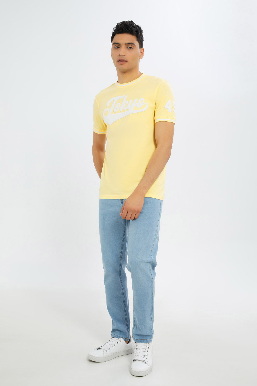 Redtag-Men-Yellow-Varsity-T-Shirt-With-Applique-Category:T-Shirts,-Colour:Yellow,-Deals:New-In,-Filter:Men's-Clothing,-H1:MWR,-H2:GEN,-H3:TSH,-H4:TSH,-Men-T-Shirts,-New-In-Men-APL,-Non-Sale,-S23C,-Season:S23C,-Section:Men-Men's-