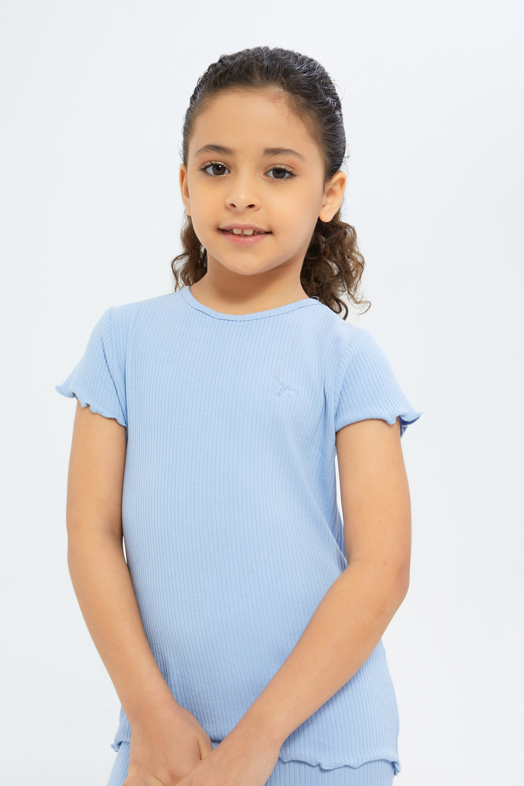 Redtag-Girls-Blue-Drop-Needle-Tshirt-Category:T-Shirts,-Colour:Blue,-Deals:New-In,-Filter:Girls-(2-to-8-Yrs),-GIR-T-Shirts,-H1:KWR,-H2:GIR,-H3:TSH,-H4:CAT,-New-In-GIR-APL,-Non-Sale,-S23B,-Season:S23B,-Section:Girls-(0-to-14Yrs),-TBL-Girls-2 to 8 Years