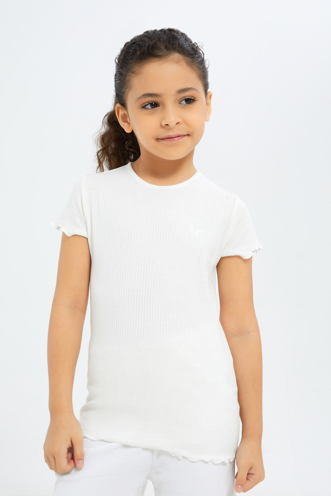 Redtag-Girls-Cream-Drop-Needle-Tshirt-Category:T-Shirts,-Colour:Cream,-Deals:New-In,-Filter:Girls-(2-to-8-Yrs),-GIR-T-Shirts,-H1:KWR,-H2:GIR,-H3:TSH,-H4:CAT,-New-In-GIR-APL,-Non-Sale,-S23B,-Season:S23B,-Section:Girls-(0-to-14Yrs),-TBL-Girls-2 to 8 Years