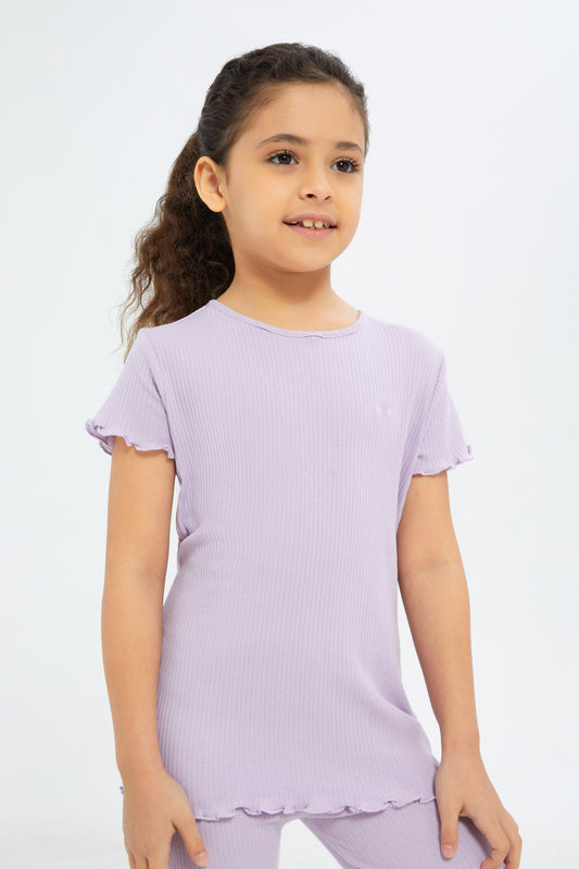 Redtag-Girls-Purple-Drop-Needle-Tshirt-Category:T-Shirts,-Colour:Purple,-Deals:New-In,-Filter:Girls-(2-to-8-Yrs),-GIR-T-Shirts,-H1:KWR,-H2:GIR,-H3:TSH,-H4:CAT,-New-In-GIR-APL,-Non-Sale,-S23B,-Season:S23B,-Section:Girls-(0-to-14Yrs),-TBL-Girls-2 to 8 Years