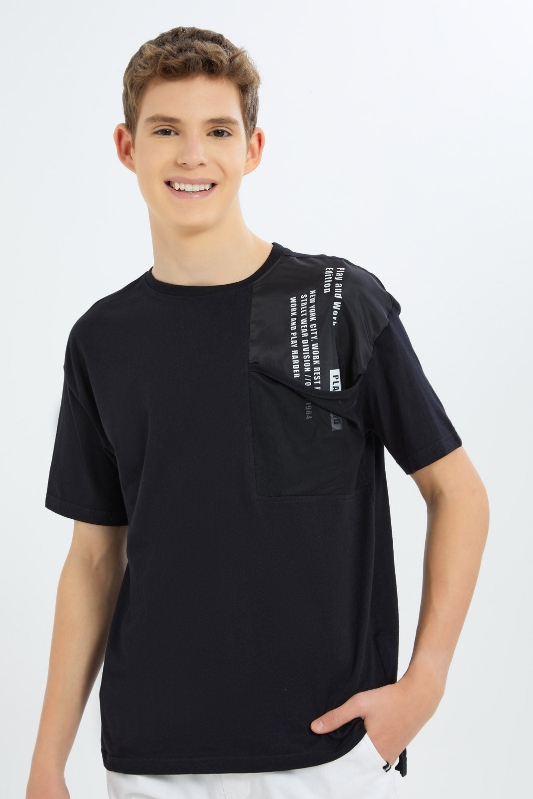 Redtag-Boys-Black-Oversize-Mesh-Pocket-Tee-BSR-T-Shirts,-Category:T-Shirts,-Colour:Black,-Deals:New-In,-Filter:Senior-Boys-(8-to-14-Yrs),-H1:KWR,-H2:BSR,-H3:TSH,-H4:TSH,-New-In-BSR-APL,-Non-Sale,-S23B,-Season:S23B,-Section:Boys-(0-to-14Yrs)-Senior-Boys-9 to 14 Years