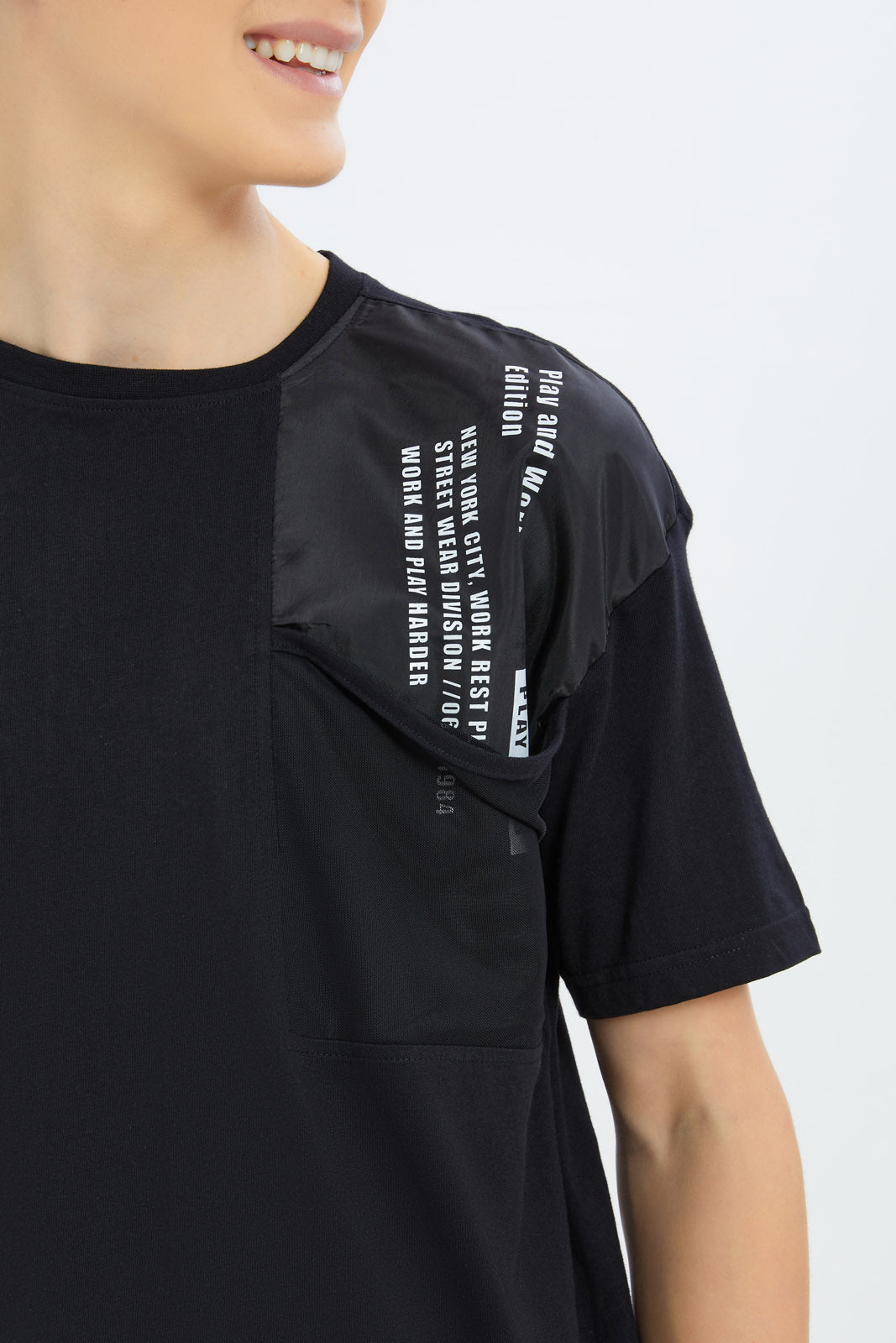 Redtag-Boys-Black-Oversize-Mesh-Pocket-Tee-BSR-T-Shirts,-Category:T-Shirts,-Colour:Black,-Deals:New-In,-Filter:Senior-Boys-(8-to-14-Yrs),-H1:KWR,-H2:BSR,-H3:TSH,-H4:TSH,-New-In-BSR-APL,-Non-Sale,-S23B,-Season:S23B,-Section:Boys-(0-to-14Yrs)-Senior-Boys-9 to 14 Years