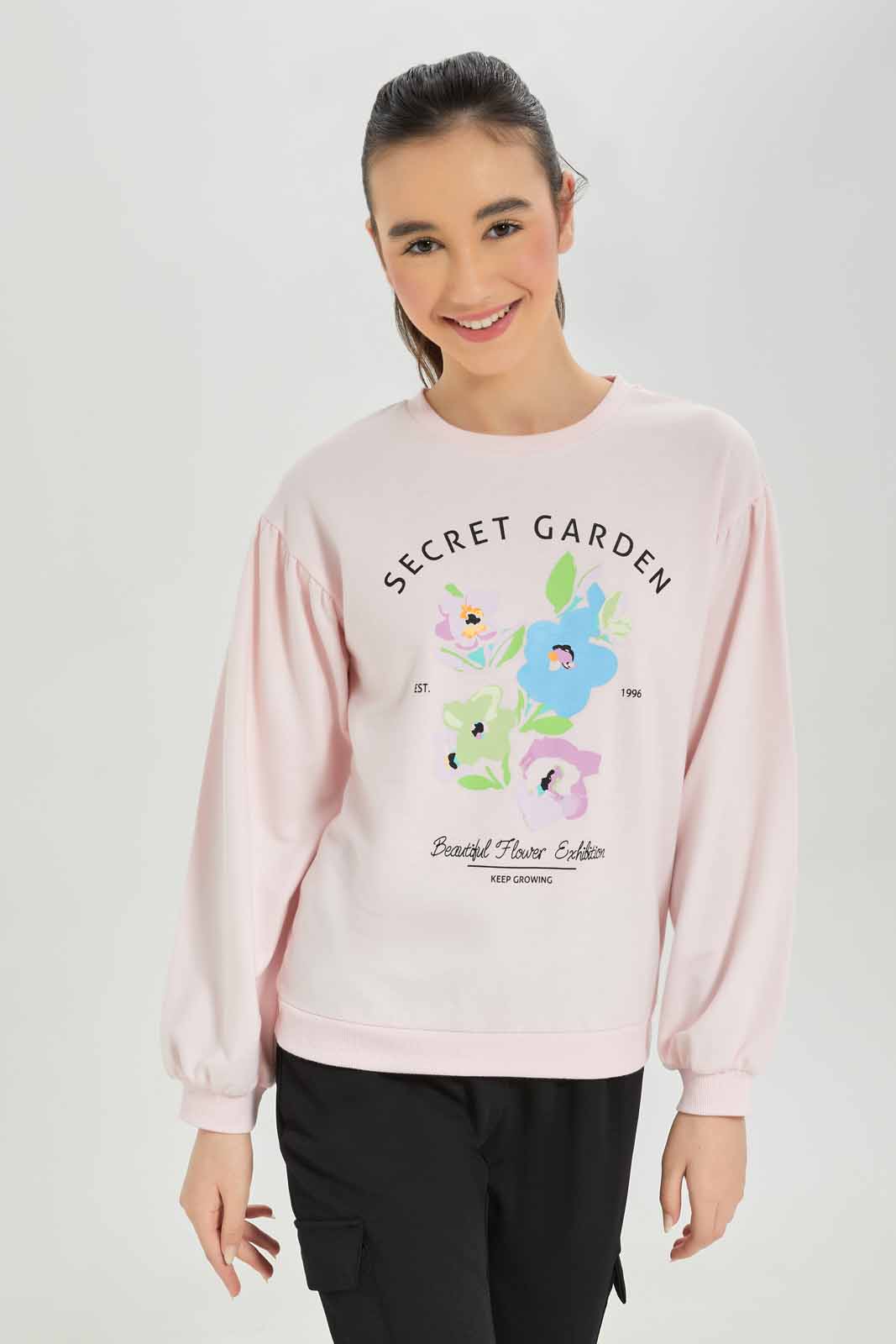Redtag-Girls-Pink-Puffsleeve-Sweatshirts-Category:Sweatshirts,-Colour:Apricot,-Deals:New-In,-Filter:Senior-Girls-(8-to-14-Yrs),-GSR-Sweatshirts,-New-In-GSR-APL,-Non-Sale,-S23A,-Section:Girls-(0-to-14Yrs)-Senior-Girls-9 to 14 Years