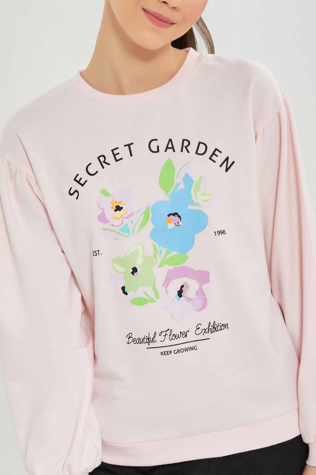 Redtag-Girls-Pink-Puffsleeve-Sweatshirts-Category:Sweatshirts,-Colour:Apricot,-Deals:New-In,-Filter:Senior-Girls-(8-to-14-Yrs),-GSR-Sweatshirts,-New-In-GSR-APL,-Non-Sale,-S23A,-Section:Girls-(0-to-14Yrs)-Senior-Girls-9 to 14 Years