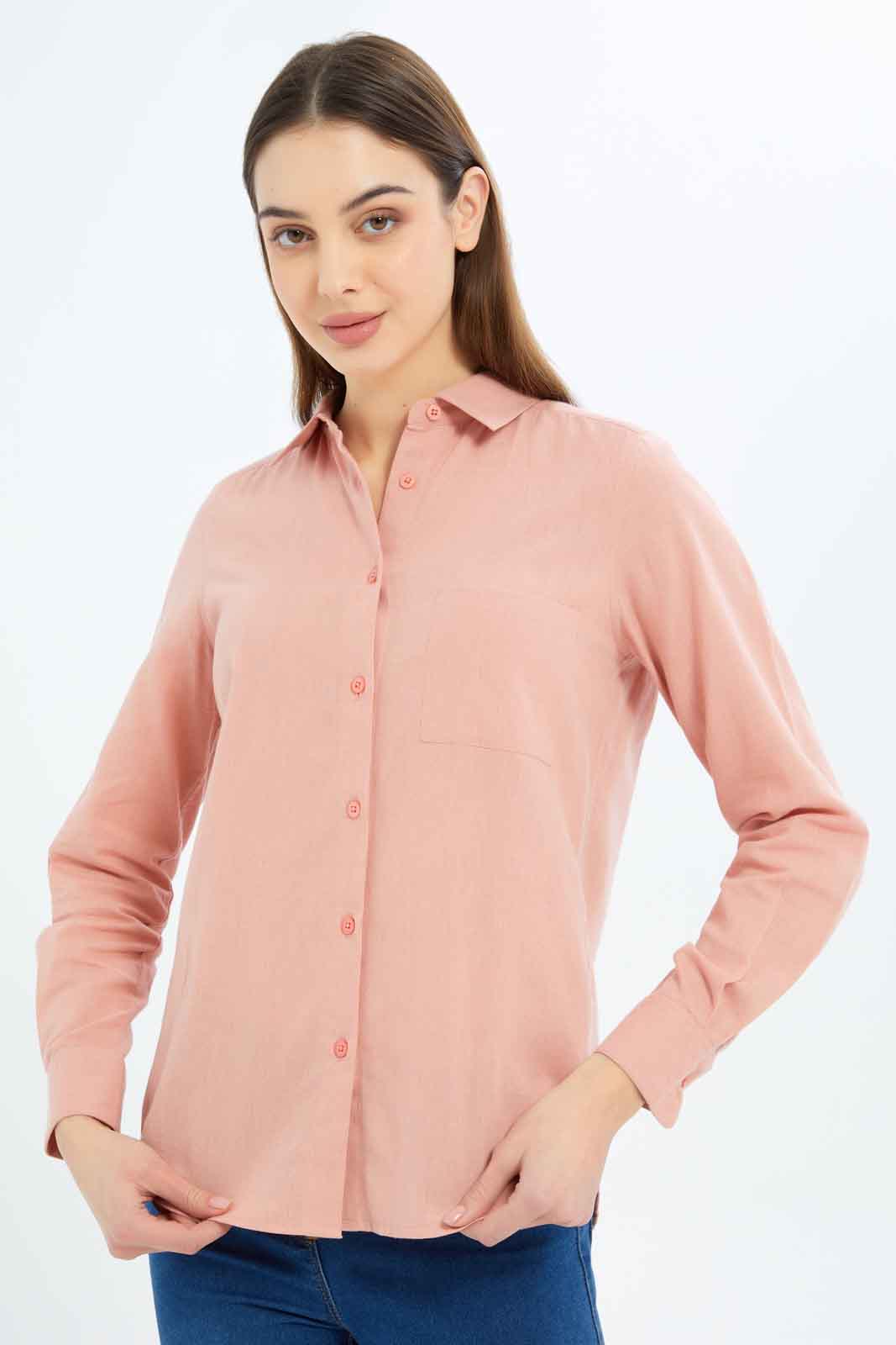 Redtag-Women-Linen-Shirt-Solid-Category:Blouses,-Colour:Apricot,-Deals:New-In,-Filter:Women's-Clothing,-KSH,-New-In-Women-APL,-Non-Sale,-S23B,-Section:Women,-Women-Blouses-Women's-