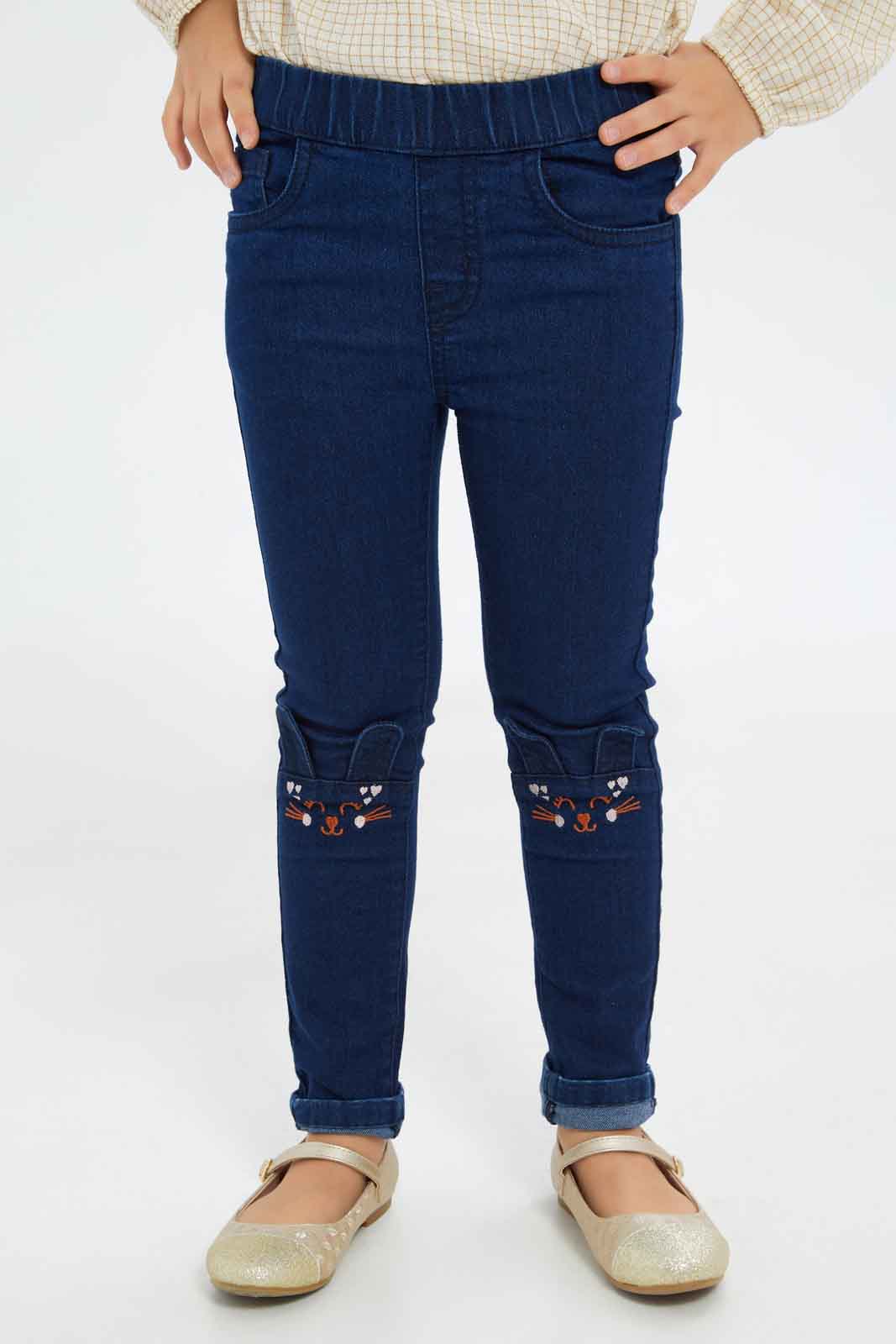 Redtag-Girls-Dark-Wash-Cat-Face-Close-Eyes-Knee-Embro-Jeggings-Category:Jeggings,-CHA,-Colour:Blue,-Deals:New-In,-Filter:Girls-(2-to-8-Yrs),-GIR-Jeggings,-New-In-GIR-APL,-Non-Sale,-S23A,-Section:Girls-(0-to-14Yrs)-Girls-2 to 8 Years