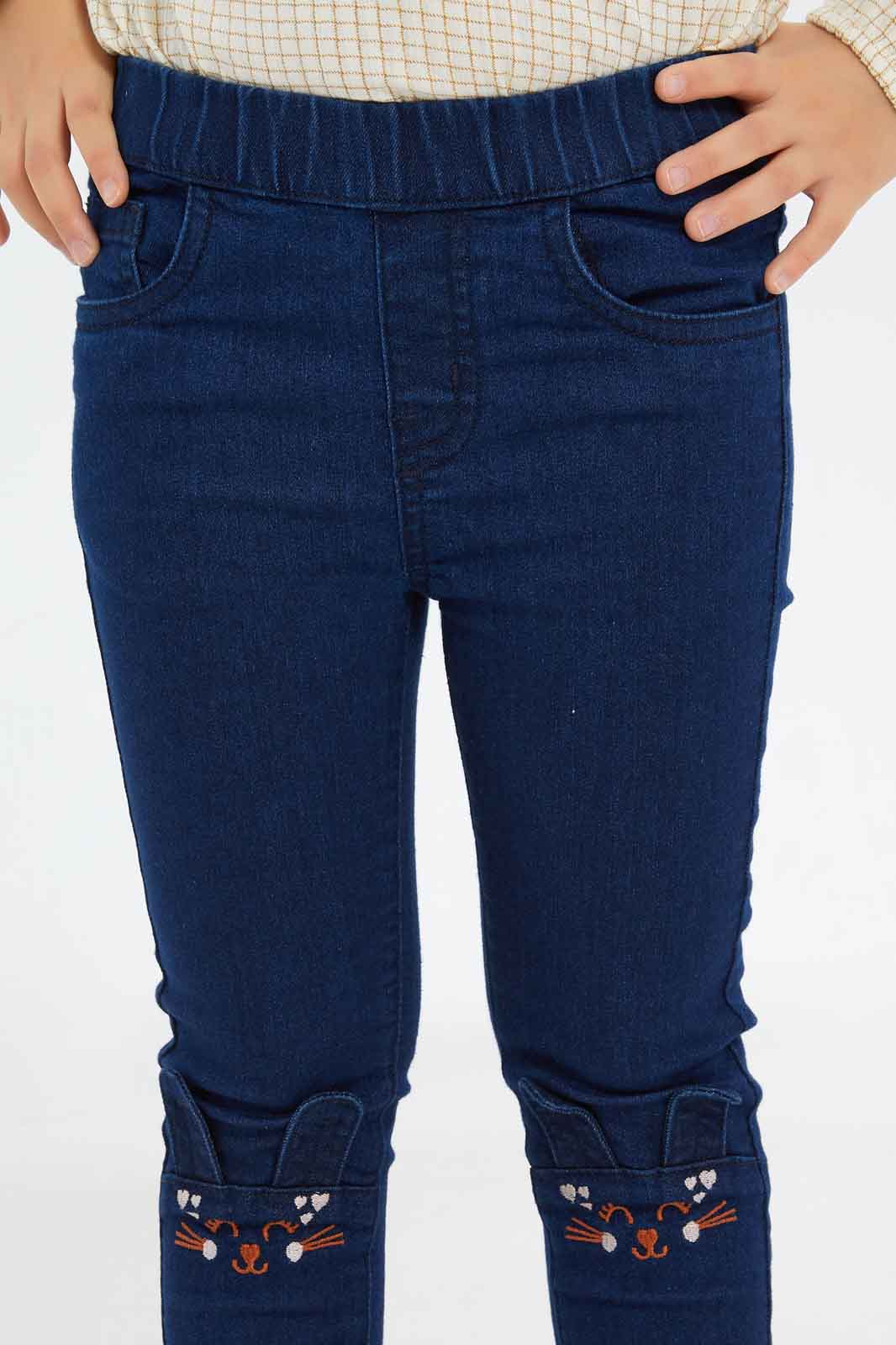 Redtag-Girls-Dark-Wash-Cat-Face-Close-Eyes-Knee-Embro-Jeggings-Category:Jeggings,-CHA,-Colour:Blue,-Deals:New-In,-Filter:Girls-(2-to-8-Yrs),-GIR-Jeggings,-New-In-GIR-APL,-Non-Sale,-S23A,-Section:Girls-(0-to-14Yrs)-Girls-2 to 8 Years