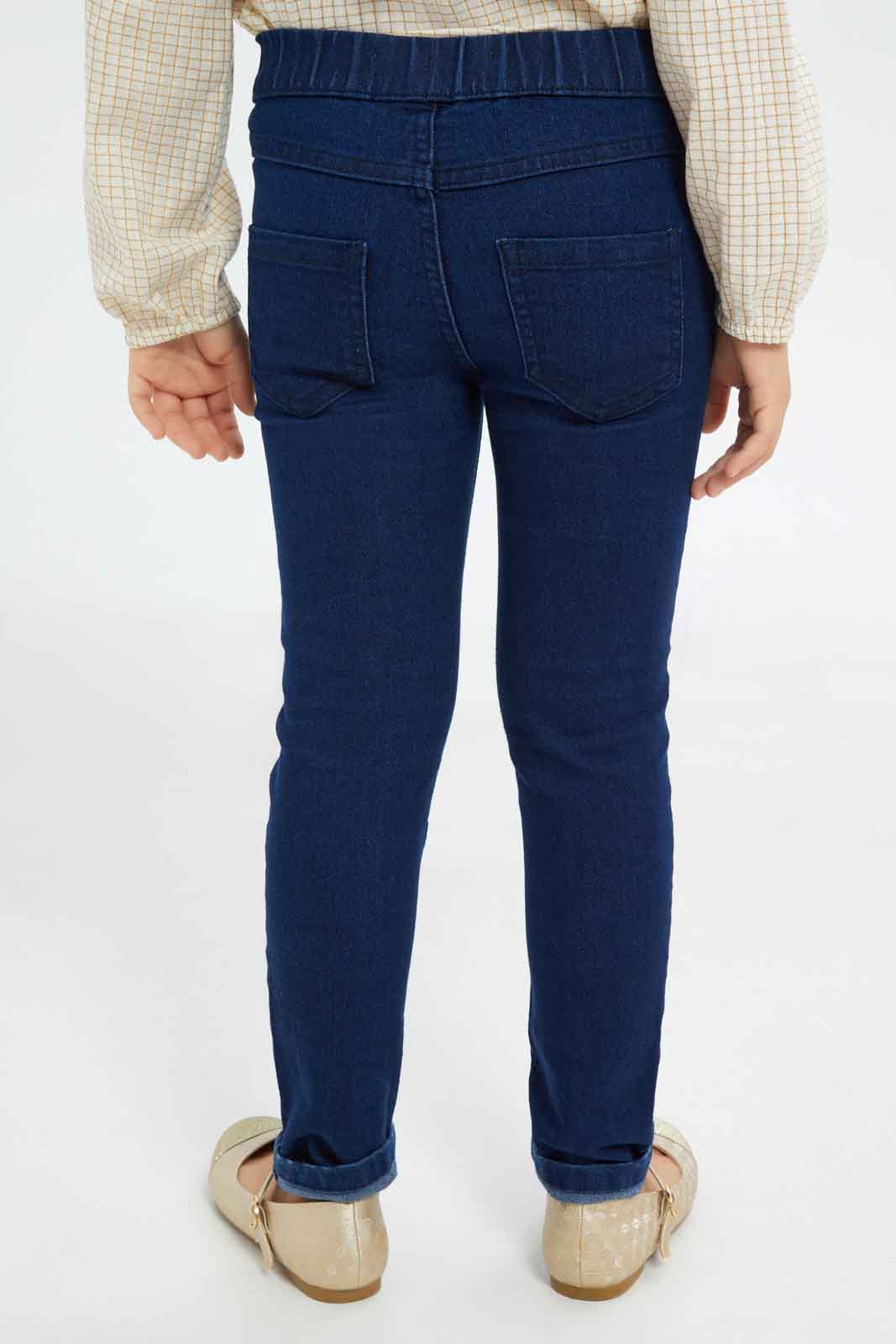 Redtag-Girls-Dark-Wash-Cat-Face-Close-Eyes-Knee-Embro-Jeggings-Category:Jeggings,-CHA,-Colour:Blue,-Deals:New-In,-Filter:Girls-(2-to-8-Yrs),-GIR-Jeggings,-New-In-GIR-APL,-Non-Sale,-S23A,-Section:Girls-(0-to-14Yrs)-Girls-2 to 8 Years