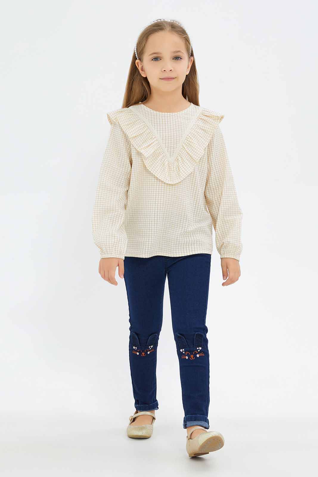 Redtag-Girls-Dark-Wash-Cat-Face-Close-Eyes-Knee-Embro-Jeggings-Category:Jeggings,-CHA,-Colour:Blue,-Deals:New-In,-Filter:Girls-(2-to-8-Yrs),-GIR-Jeggings,-New-In-GIR-APL,-Non-Sale,-S23A,-Section:Girls-(0-to-14Yrs)-Girls-2 to 8 Years