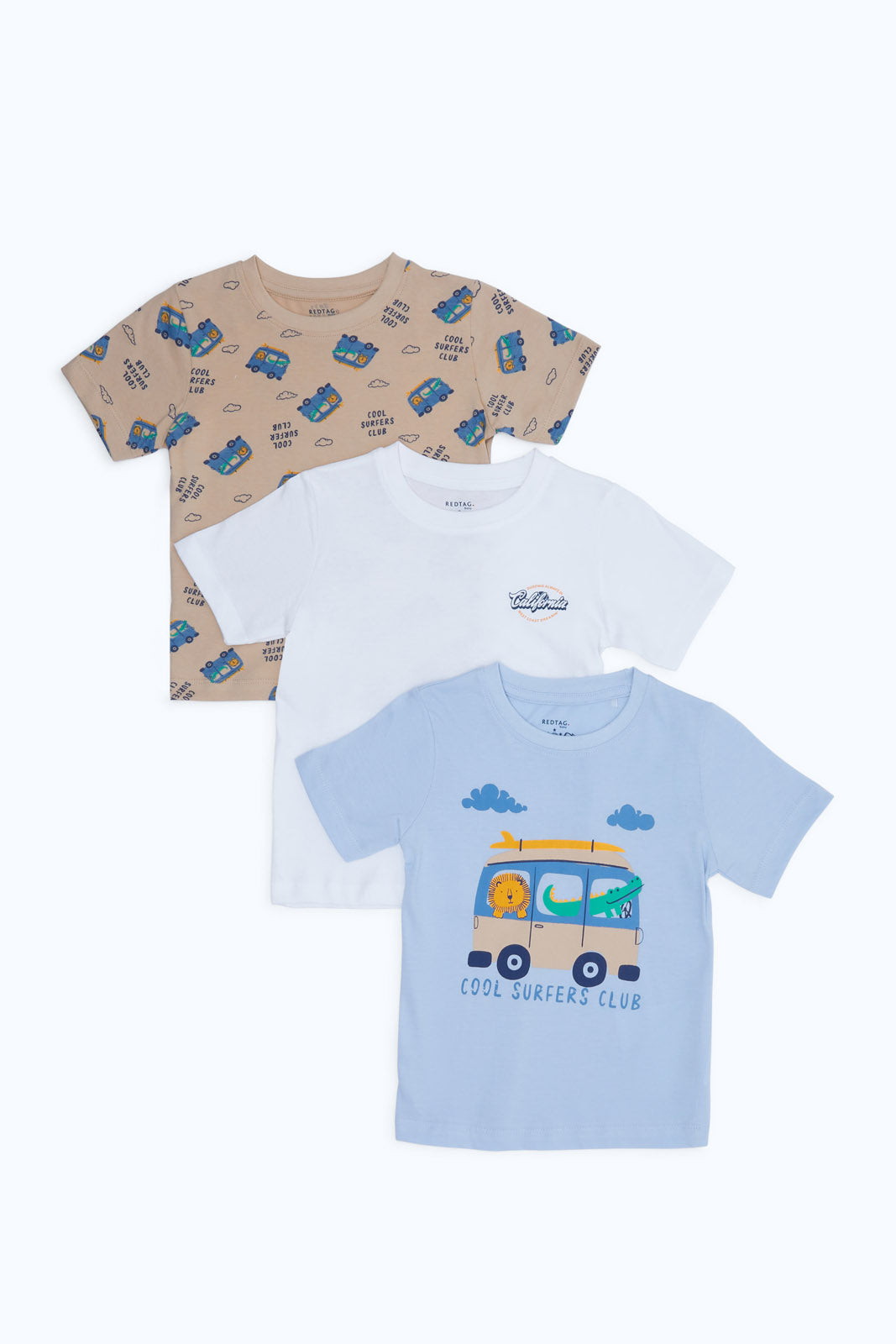 Redtag-Boys-Blue-Beige-And-White-Car-Aop-3-Pack-Tshirt-Category:T-Shirts,-Colour:Blue,-Deals:New-In,-Filter:Infant-Boys-(3-to-24-Mths),-H1:KWR,-H2:INB,-H3:TSH,-H4:TSH,-INB-T-Shirts,-New-In-INB-APL,-Non-Sale,-S23C,-Season:S23C,-Section:Boys-(0-to-14Yrs)-Infant-Boys-3 to 24 Months