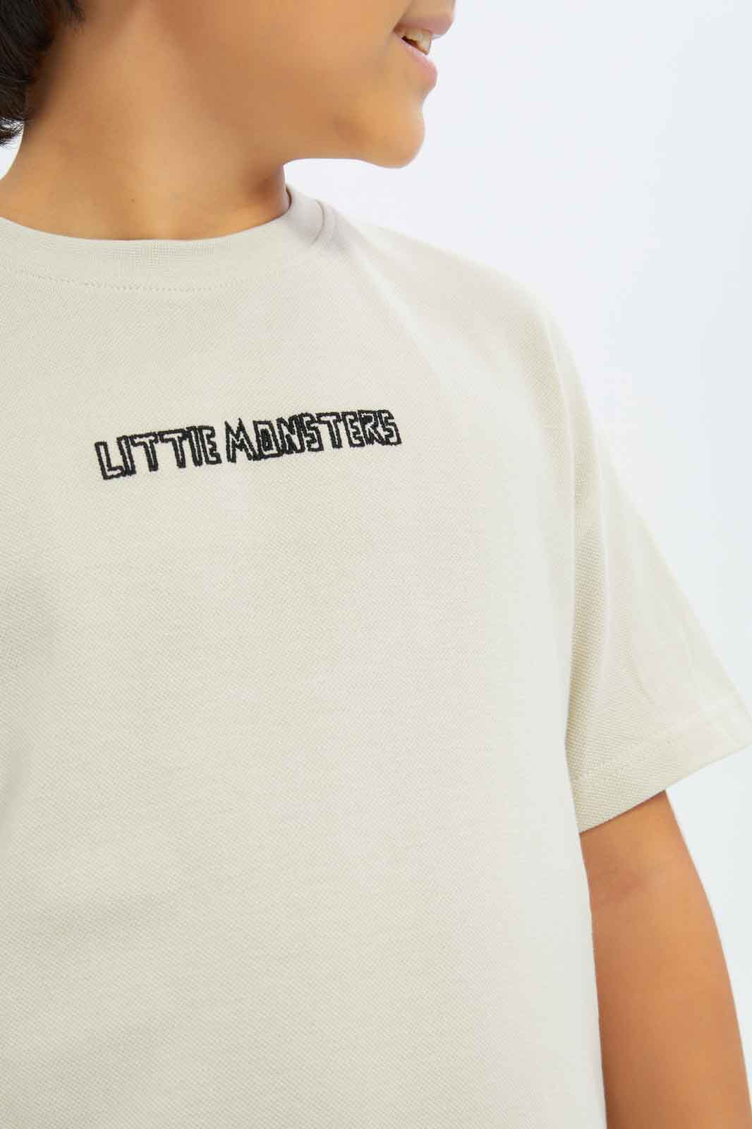 Redtag-Boys-Beige-Embroidered-Short-Sleeve-Oversize-Pique-T-Shirt-BOY-T-Shirts,-Category:T-Shirts,-Colour:Beige,-Deals:New-In,-Filter:Boys-(2-to-8-Yrs),-New-In-BOY-APL,-Non-Sale,-S23C,-Section:Boys-(0-to-14Yrs),-TBL-Boys-2 to 8 Years