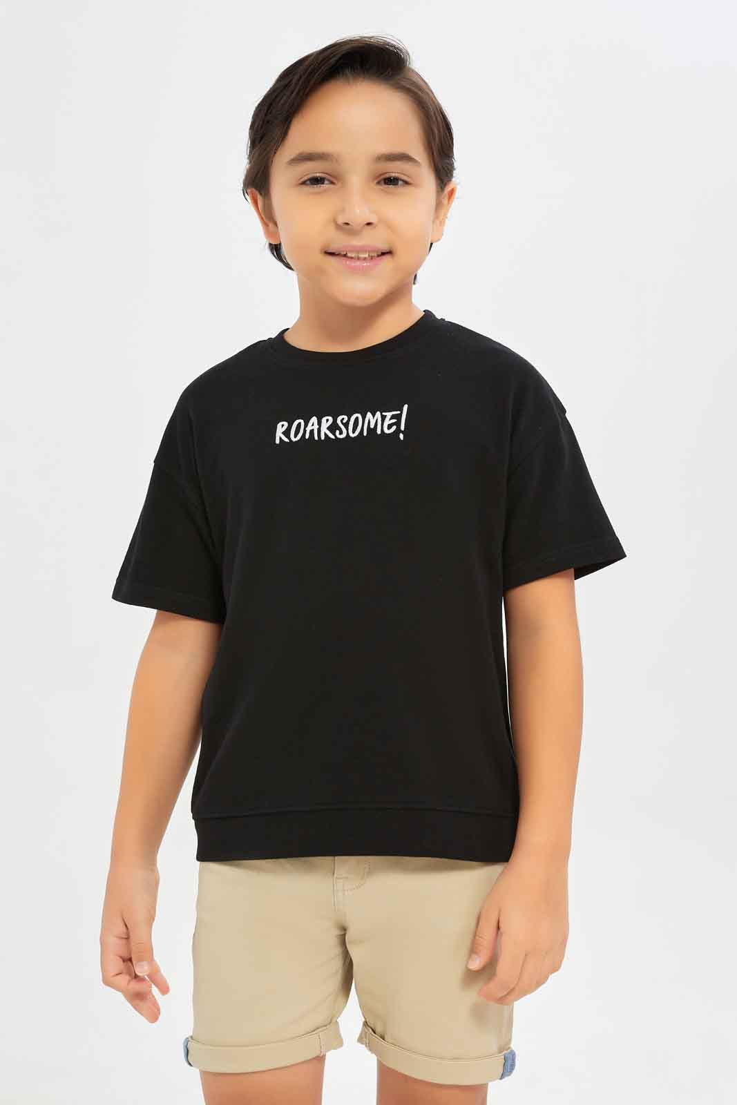 Redtag-Boys-Black-Embroidered-Short-Sleeve-Oversize-Pique-T-Shirt-BOY-T-Shirts,-Category:T-Shirts,-Colour:Black,-Deals:New-In,-Filter:Boys-(2-to-8-Yrs),-New-In-BOY-APL,-Non-Sale,-S23C,-Section:Boys-(0-to-14Yrs),-TBL-Boys-2 to 8 Years