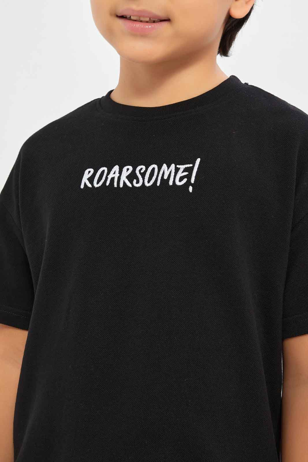 Redtag-Boys-Black-Embroidered-Short-Sleeve-Oversize-Pique-T-Shirt-BOY-T-Shirts,-Category:T-Shirts,-Colour:Black,-Deals:New-In,-Filter:Boys-(2-to-8-Yrs),-New-In-BOY-APL,-Non-Sale,-S23C,-Section:Boys-(0-to-14Yrs),-TBL-Boys-2 to 8 Years