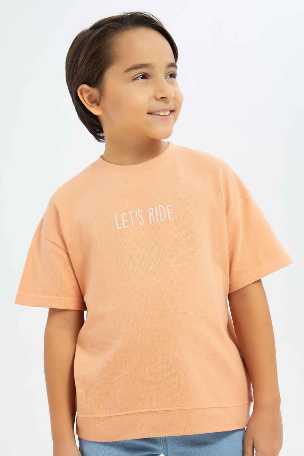 Redtag-Boys-Orange-Embroidered-Short-Sleeve-Oversize-Pique-T-Shirt-BOY-T-Shirts,-Category:T-Shirts,-Colour:Orange,-Deals:New-In,-Filter:Boys-(2-to-8-Yrs),-New-In-BOY-APL,-Non-Sale,-S23C,-Section:Boys-(0-to-14Yrs),-TBL-Boys-2 to 8 Years