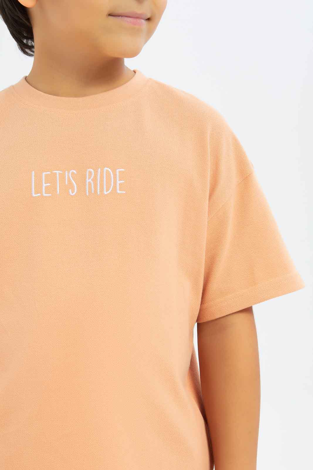 Redtag-Boys-Orange-Embroidered-Short-Sleeve-Oversize-Pique-T-Shirt-BOY-T-Shirts,-Category:T-Shirts,-Colour:Orange,-Deals:New-In,-Filter:Boys-(2-to-8-Yrs),-New-In-BOY-APL,-Non-Sale,-S23C,-Section:Boys-(0-to-14Yrs),-TBL-Boys-2 to 8 Years
