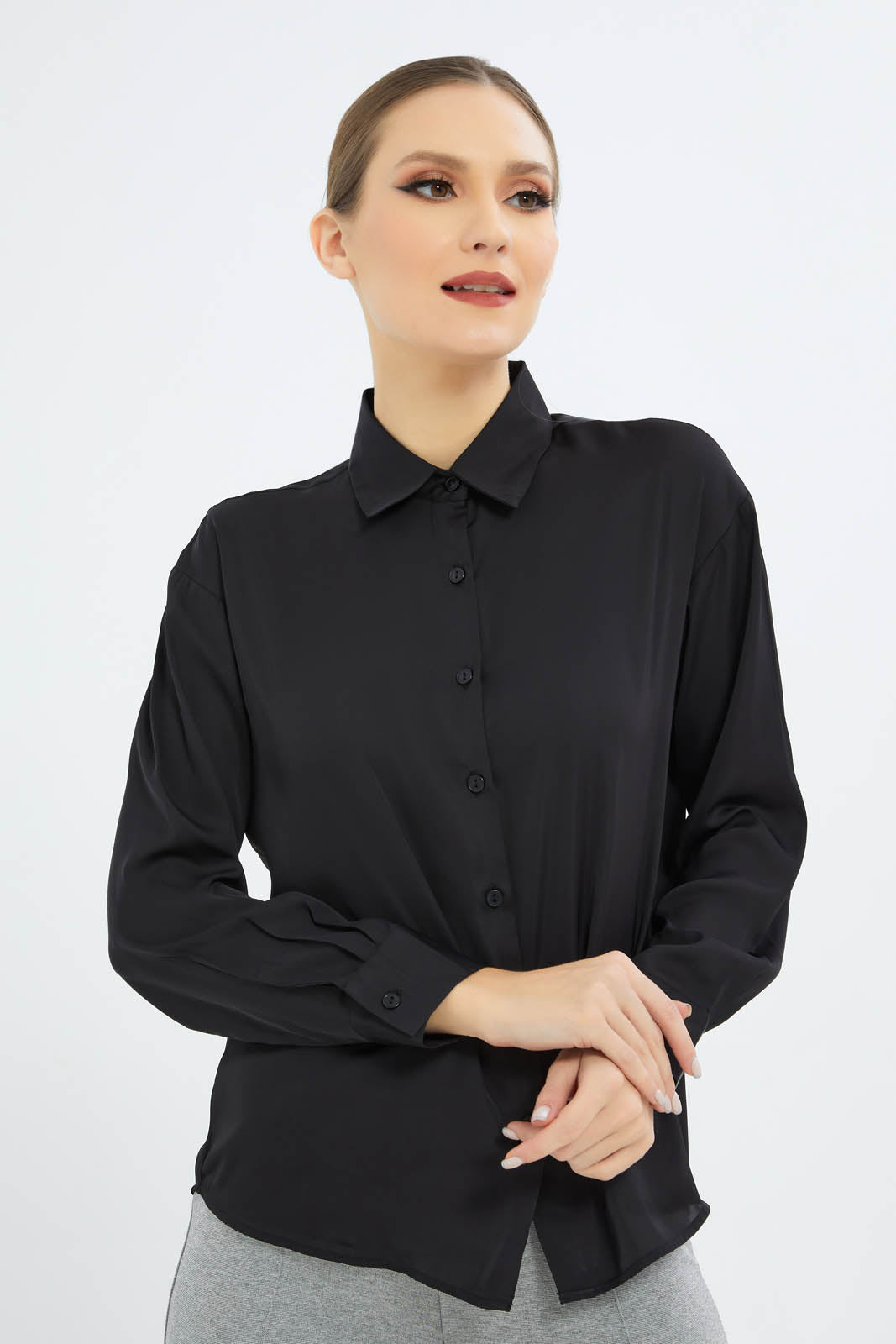 Redtag-Women-Black-Basic-Satin-Shirt-Solid-Category:Blouses,-Colour:Black,-Deals:New-In,-Filter:Women's-Clothing,-KSH,-New-In-Women-APL,-Non-Sale,-S23B,-Section:Women,-Women-Blouses-Women's-