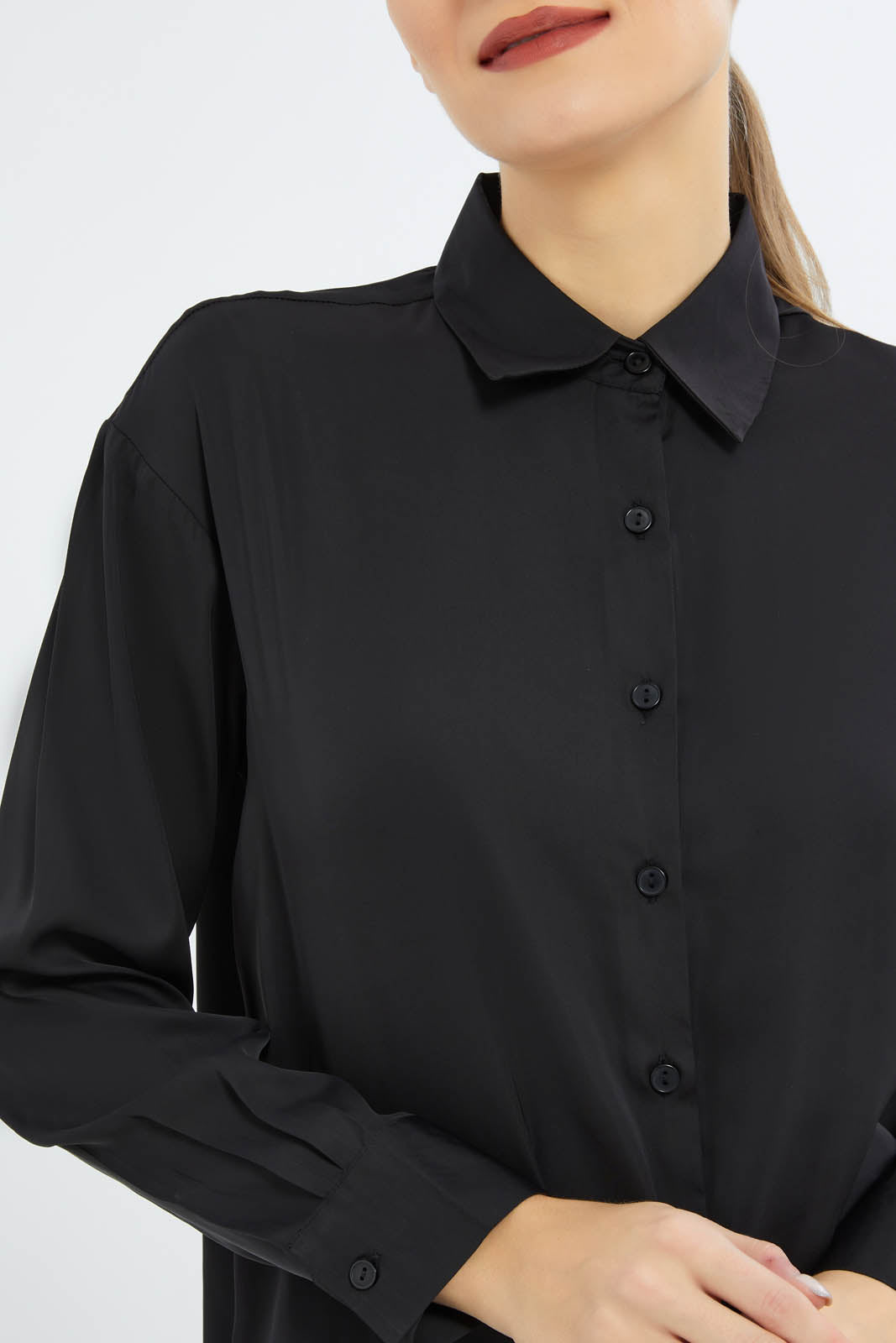 Redtag-Women-Black-Basic-Satin-Shirt-Solid-Category:Blouses,-Colour:Black,-Deals:New-In,-Filter:Women's-Clothing,-KSH,-New-In-Women-APL,-Non-Sale,-S23B,-Section:Women,-Women-Blouses-Women's-