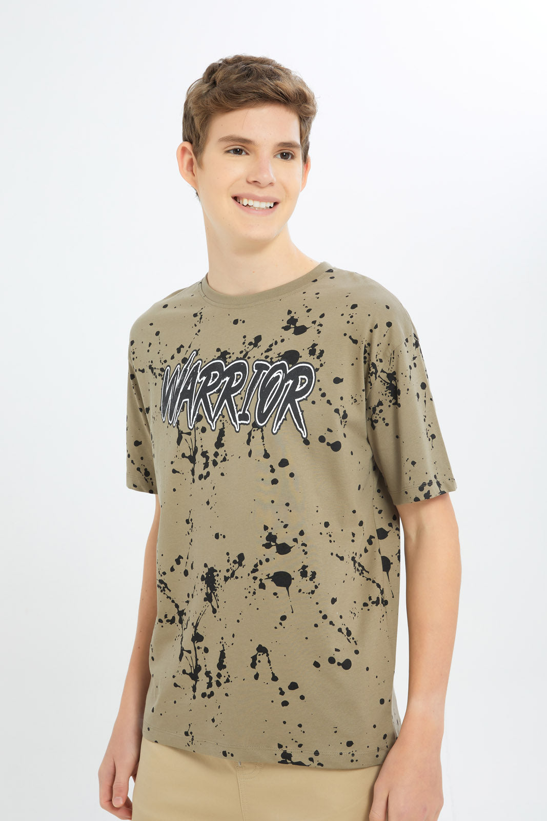 Redtag-Boys-Lt-Olive-Warrior-Splatter-Oversize-Tee-BSR-T-Shirts,-Category:T-Shirts,-Colour:Green,-Deals:New-In,-Filter:Senior-Boys-(8-to-14-Yrs),-H1:KWR,-H2:BSR,-H3:TSH,-H4:TSH,-New-In-BSR-APL,-Non-Sale,-S23C,-Season:S23C,-Section:Boys-(0-to-14Yrs)-Senior-Boys-9 to 14 Years