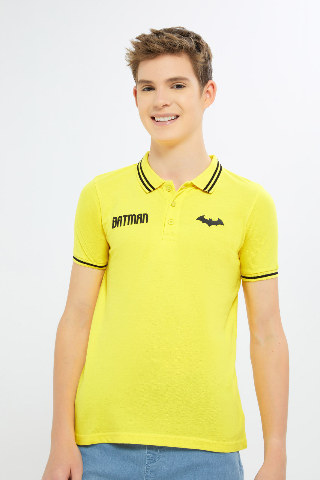 Redtag-Boys-Mustard-Batman-Polo-BSR-Polo-T-Shirts,-Category:Polo-T-Shirts,-CHA,-Colour:Mustard,-Deals:New-In,-Filter:Senior-Boys-(8-to-14-Yrs),-H1:KWR,-H2:BSR,-H3:TSH,-H4:POS,-New-In-BSR-APL,-Non-Sale,-S23B,-Season:S23B,-Section:Boys-(0-to-14Yrs)-Senior-Boys-9 to 14 Years