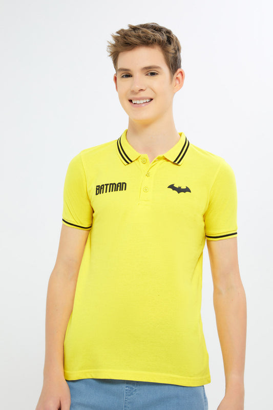 Redtag-Boys-Mustard-Batman-Polo-BSR-Polo-T-Shirts,-Category:Polo-T-Shirts,-CHA,-Colour:Mustard,-Deals:New-In,-Filter:Senior-Boys-(8-to-14-Yrs),-H1:KWR,-H2:BSR,-H3:TSH,-H4:POS,-New-In-BSR-APL,-Non-Sale,-S23B,-Season:S23B,-Section:Boys-(0-to-14Yrs)-Senior-Boys-9 to 14 Years