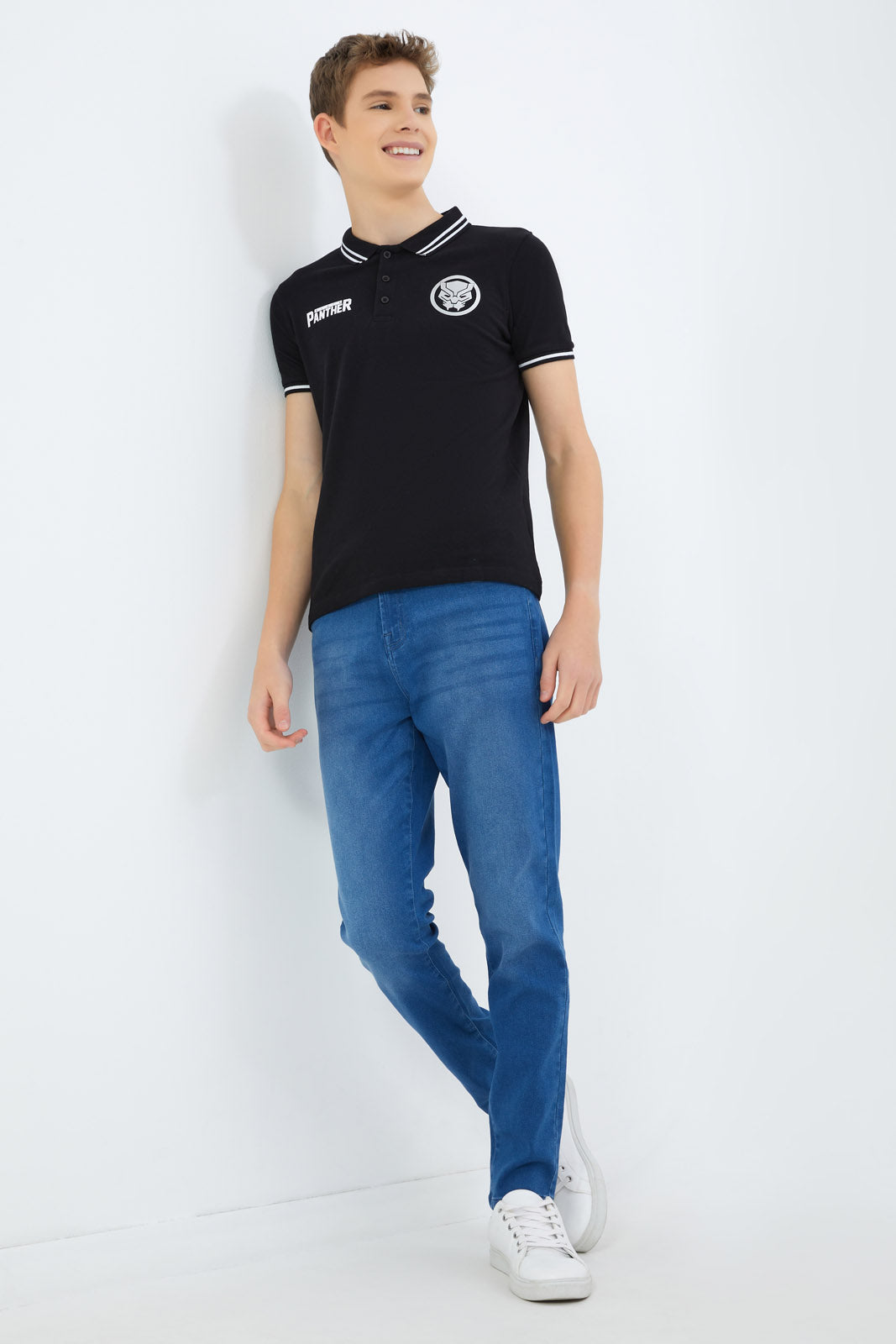 Redtag-Boys-Black-Black-Panther-Polo-BSR-Polo-T-Shirts,-Category:Polo-T-Shirts,-Colour:Black,-Deals:New-In,-Filter:Senior-Boys-(8-to-14-Yrs),-New-In-BSR-APL,-Non-Sale,-S23B,-Section:Boys-(0-to-14Yrs)-Senior-Boys-9 to 14 Years