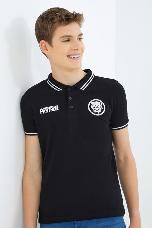 Redtag-Boys-Black-Black-Panther-Polo-BSR-Polo-T-Shirts,-Category:Polo-T-Shirts,-Colour:Black,-Deals:New-In,-Filter:Senior-Boys-(8-to-14-Yrs),-New-In-BSR-APL,-Non-Sale,-S23B,-Section:Boys-(0-to-14Yrs)-Senior-Boys-9 to 14 Years