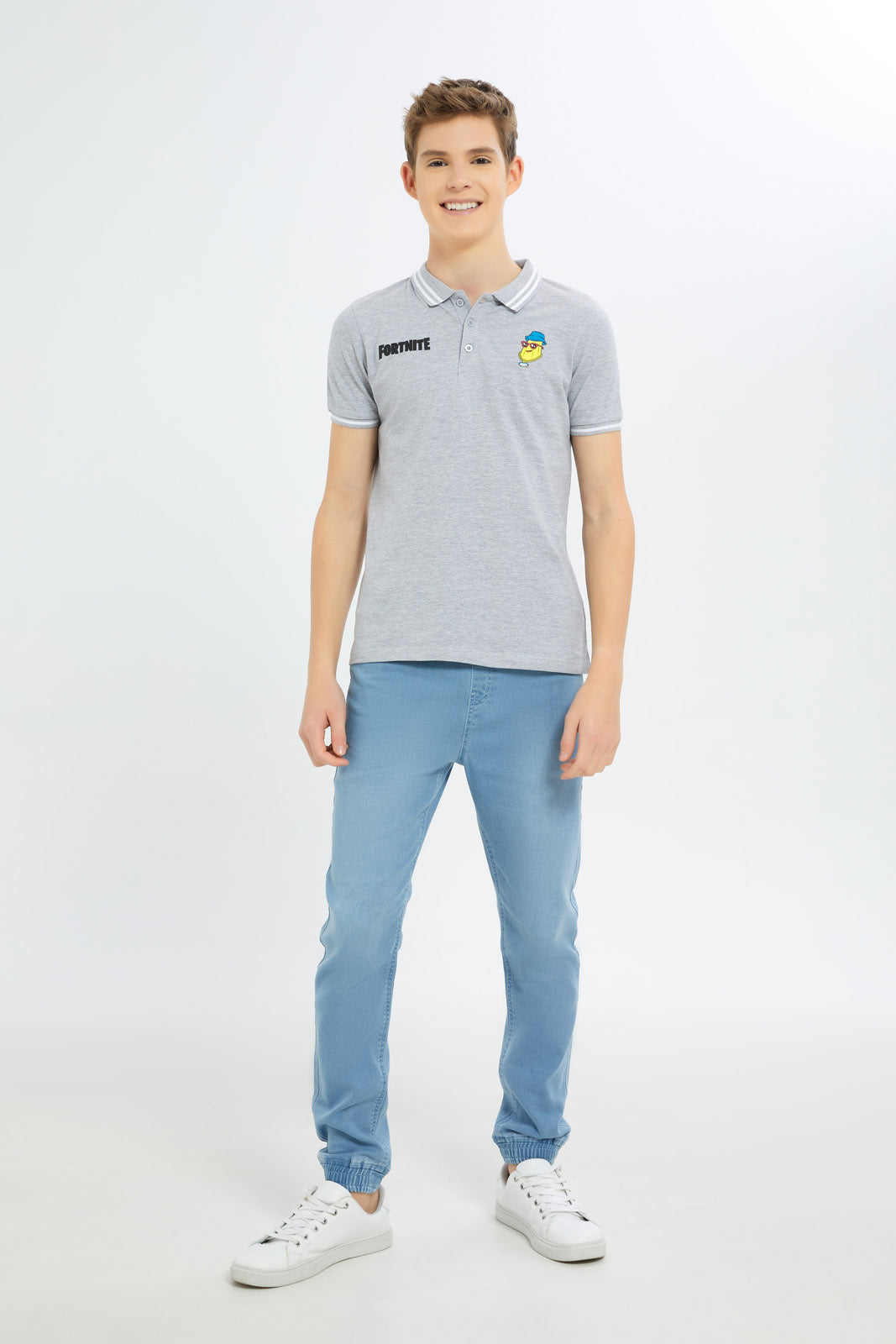 Redtag-Boys-Grey-Melange-Fortnite-Polo-BSR-Polo-T-Shirts,-Category:Polo-T-Shirts,-Colour:Grey,-Deals:New-In,-Filter:Senior-Boys-(8-to-14-Yrs),-H1:KWR,-H2:BSR,-H3:TSH,-H4:POS,-New-In-BSR-APL,-Non-Sale,-S23B,-Season:S23B,-Section:Boys-(0-to-14Yrs)-Senior-Boys-9 to 14 Years