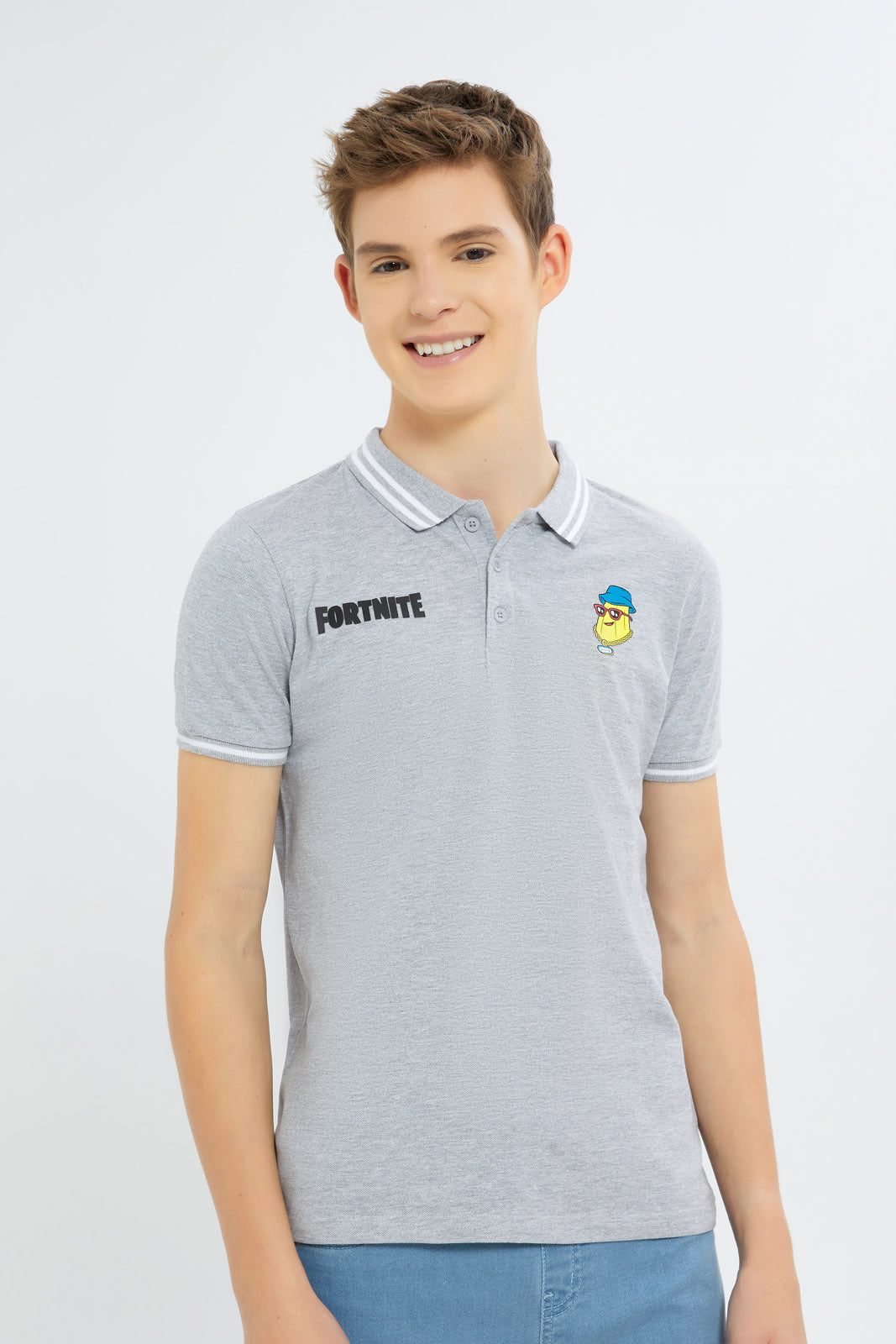 Redtag-Boys-Grey-Melange-Fortnite-Polo-BSR-Polo-T-Shirts,-Category:Polo-T-Shirts,-Colour:Grey,-Deals:New-In,-Filter:Senior-Boys-(8-to-14-Yrs),-H1:KWR,-H2:BSR,-H3:TSH,-H4:POS,-New-In-BSR-APL,-Non-Sale,-S23B,-Season:S23B,-Section:Boys-(0-to-14Yrs)-Senior-Boys-9 to 14 Years