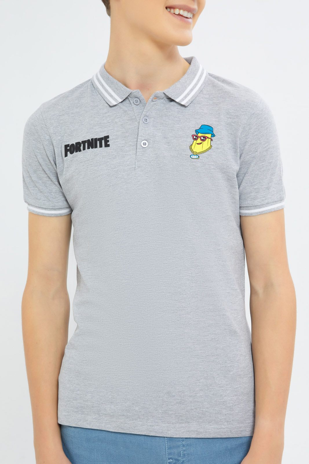 Redtag-Boys-Grey-Melange-Fortnite-Polo-BSR-Polo-T-Shirts,-Category:Polo-T-Shirts,-Colour:Grey,-Deals:New-In,-Filter:Senior-Boys-(8-to-14-Yrs),-H1:KWR,-H2:BSR,-H3:TSH,-H4:POS,-New-In-BSR-APL,-Non-Sale,-S23B,-Season:S23B,-Section:Boys-(0-to-14Yrs)-Senior-Boys-9 to 14 Years