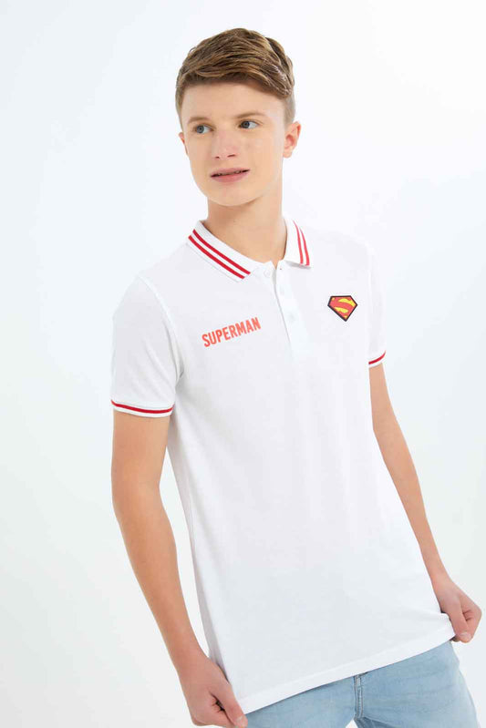 Redtag-Boys-White-Superman-Polo-BSR-Polo-T-Shirts,-Category:Polo-T-Shirts,-CHA,-Colour:White,-Deals:New-In,-Filter:Senior-Boys-(8-to-14-Yrs),-New-In-BSR-APL,-Non-Sale,-S23B,-Section:Boys-(0-to-14Yrs)-Senior-Boys-9 to 14 Years