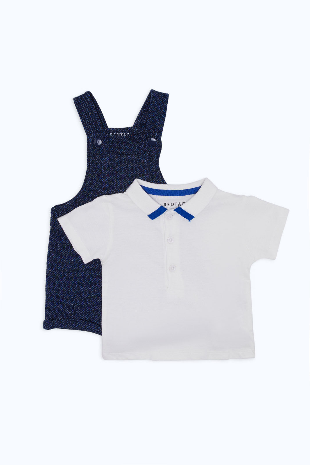 Redtag-Boys-2-Piece---Dungaree-Plus-Polo-Set-Category:Rompers,-Colour:Assorted,-Deals:New-In,-Event:,-Filter:Baby-(0-to-12-Mths),-H1:KWR,-H2:NBF,-H3:RMS,-H4:RMS,-NBB-Rompers,-New-In-NBB-APL,-Non-Sale,-Packs,-Promo:,-RMD,-S23C,-Season:S23C,-Section:Boys-(0-to-14Yrs),-Set:Set-of-2-Baby-0 to 12 Months
