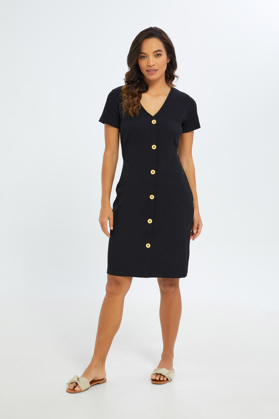 Redtag-Women-Black-Button-Thru-Jersey-Dress-Category:Dresses,-Colour:Black,-Deals:New-In,-Filter:Women's-Clothing,-H1:LWR,-H2:LAD,-H3:DRS,-H4:CAD,-New-In-Women-APL,-Non-Sale,-S23C,-Season:S23C,-Section:Women,-Women-Dresses-Women's-