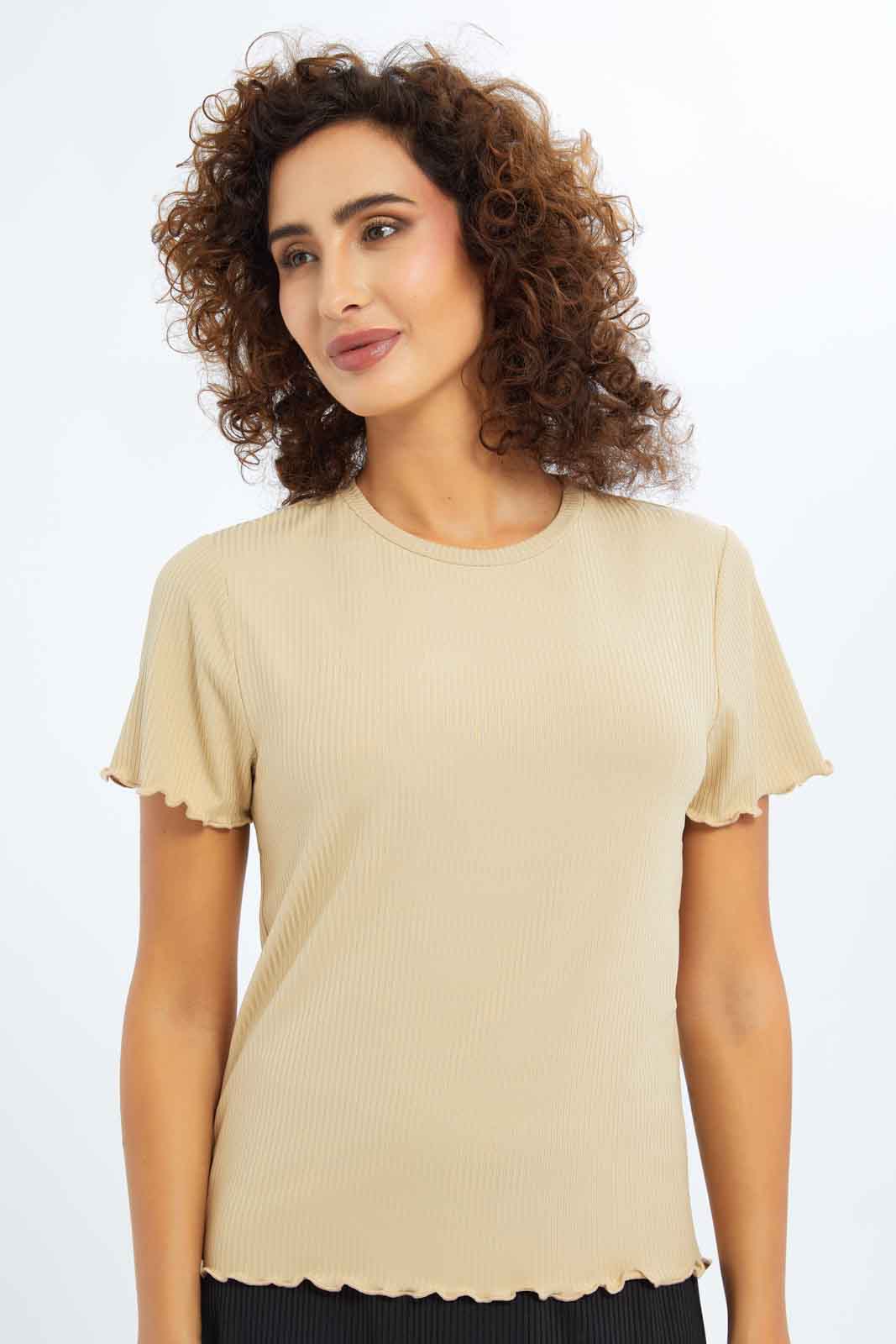 Redtag-Women-Beige-Epp-Rib-Tee-Category:Tops,-Colour:Beige,-Deals:New-In,-Filter:Women's-Clothing,-New-In-Women-APL,-Non-Sale,-PPE,-S23B,-Section:Women,-Women-Tops-Women's-